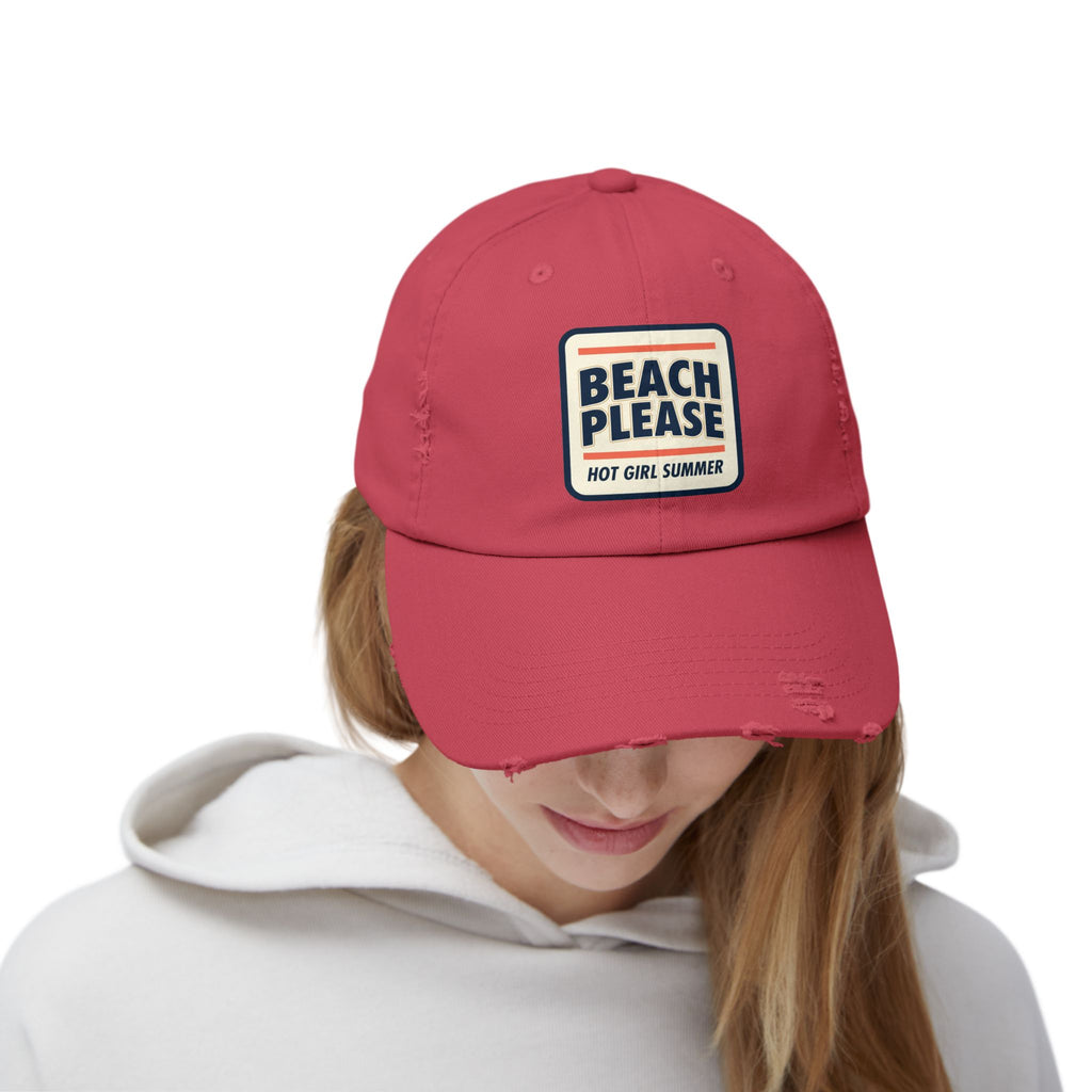 Beach Please Distressed Cap - "Hot Girl Summer" Retro Patch Baseball Hat