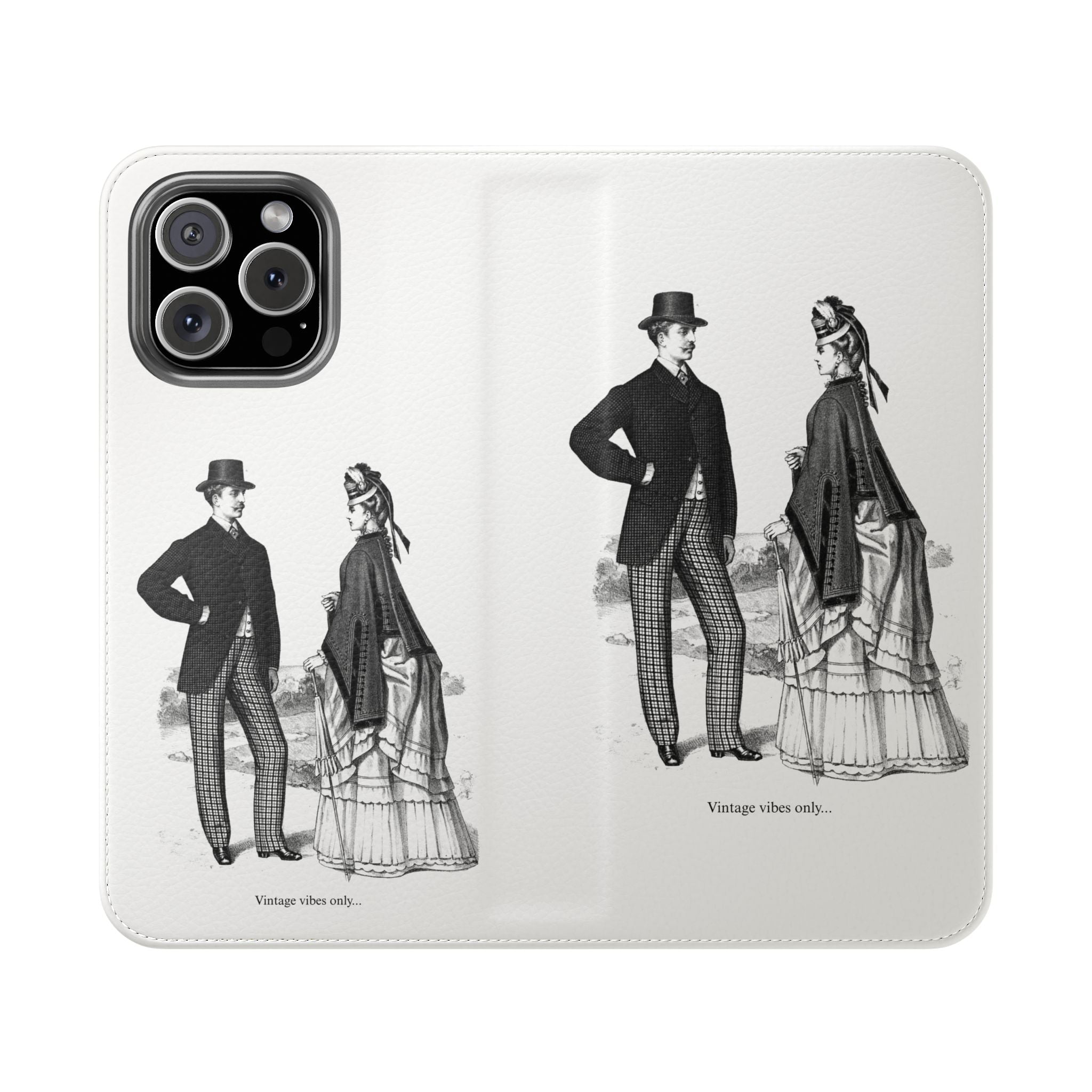 Vintage Victorian Couple Flip Phone Case - Retro Illustration Wallet Cover
