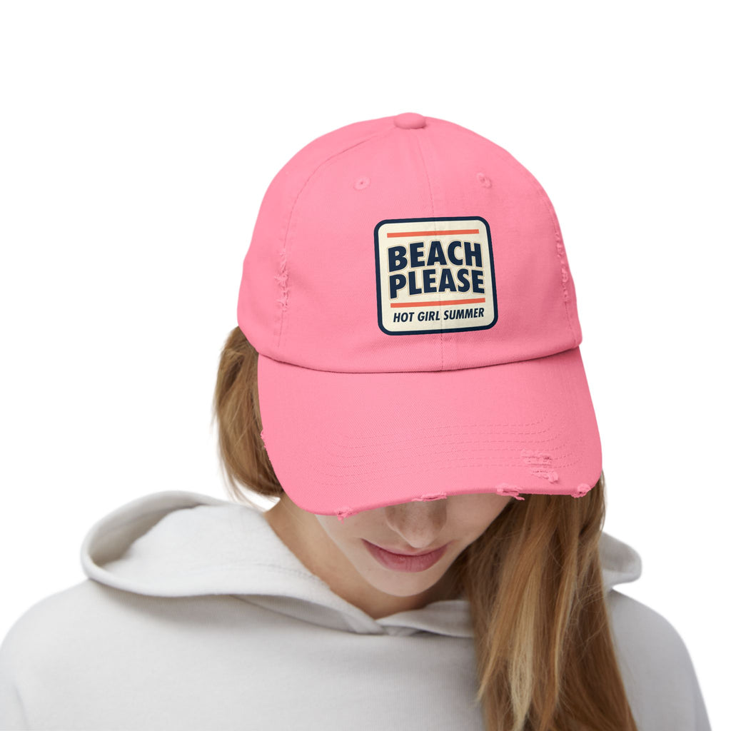 Beach Please Distressed Cap - "Hot Girl Summer" Retro Patch Baseball Hat