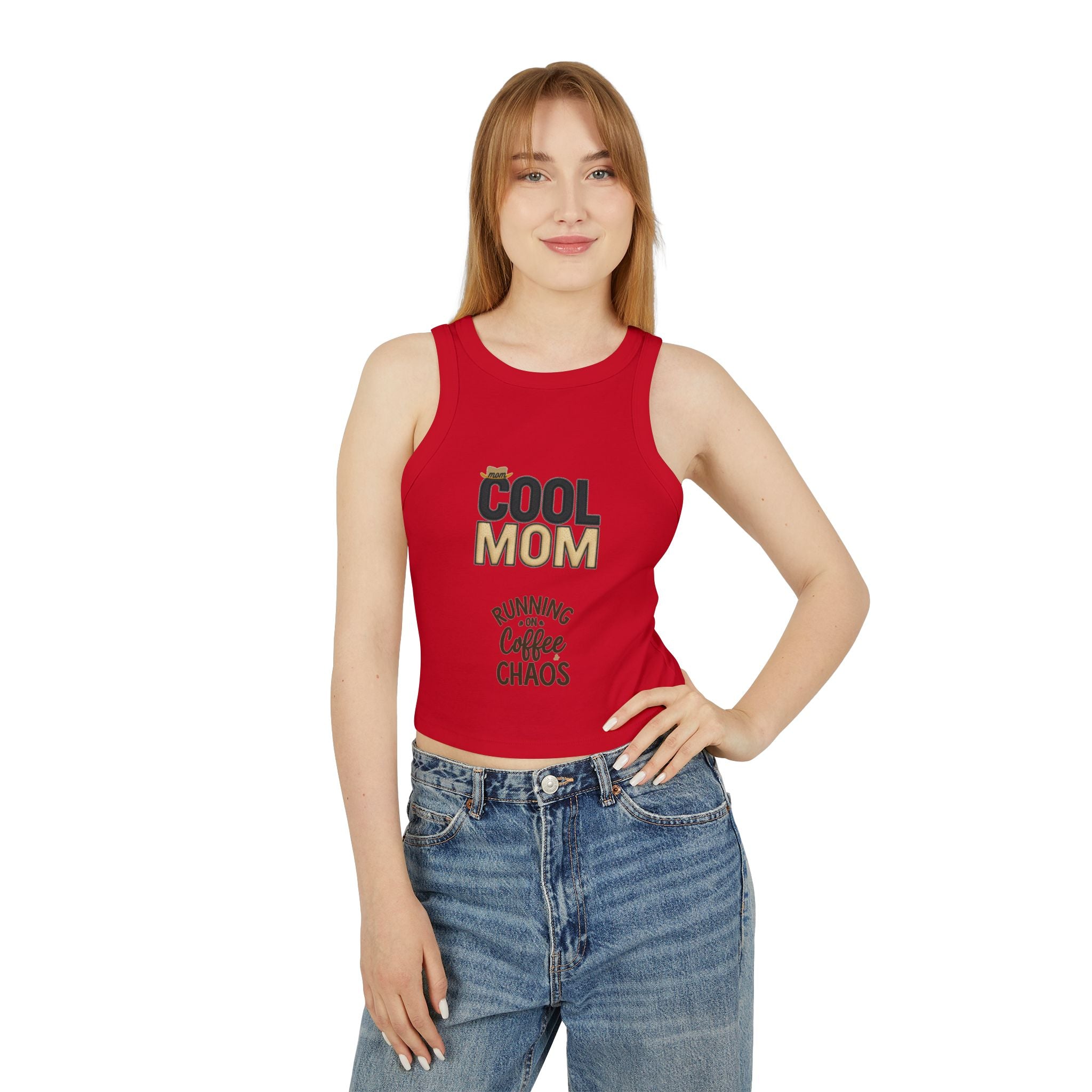 Cool Mom Racer Tank Top – "Running On Coffee & Chaos" Graphic