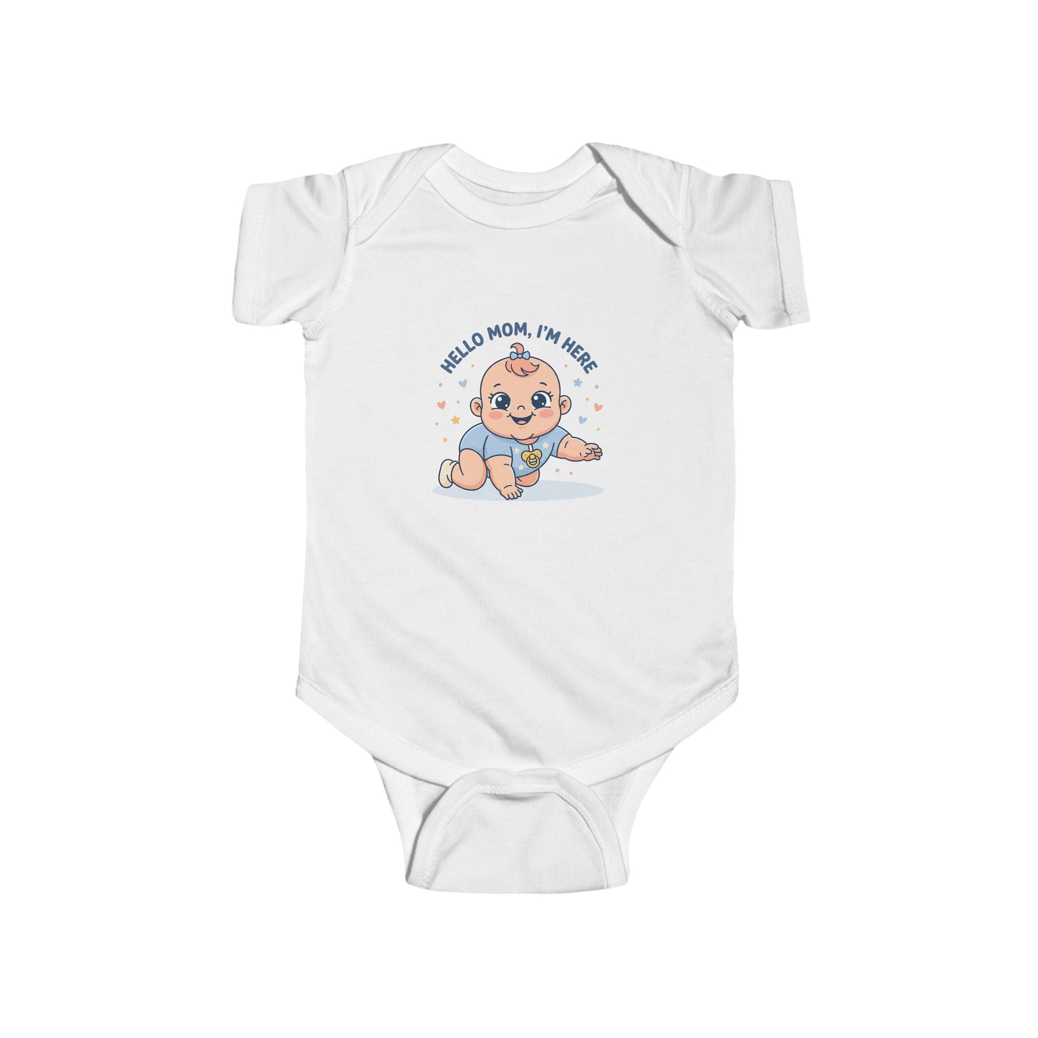 Baby Bodysuit – Cute Retro Baby Graphic "Hello Mom I'm Here" & "Will You Caress Me Mom?" Newborn Onesie