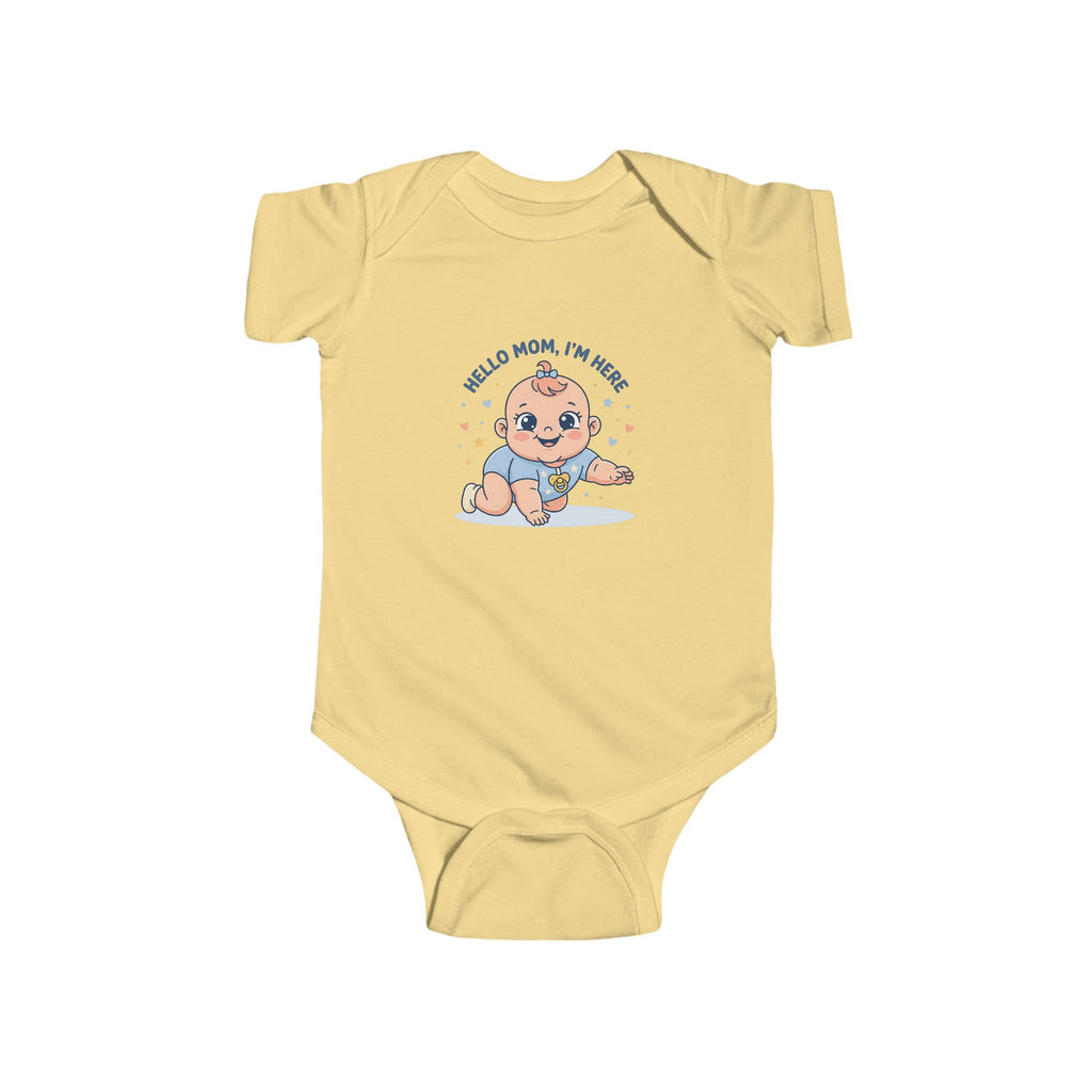 Baby Bodysuit – Cute Retro Baby Graphic "Hello Mom I'm Here" & "Will You Caress Me Mom?" Newborn Onesie