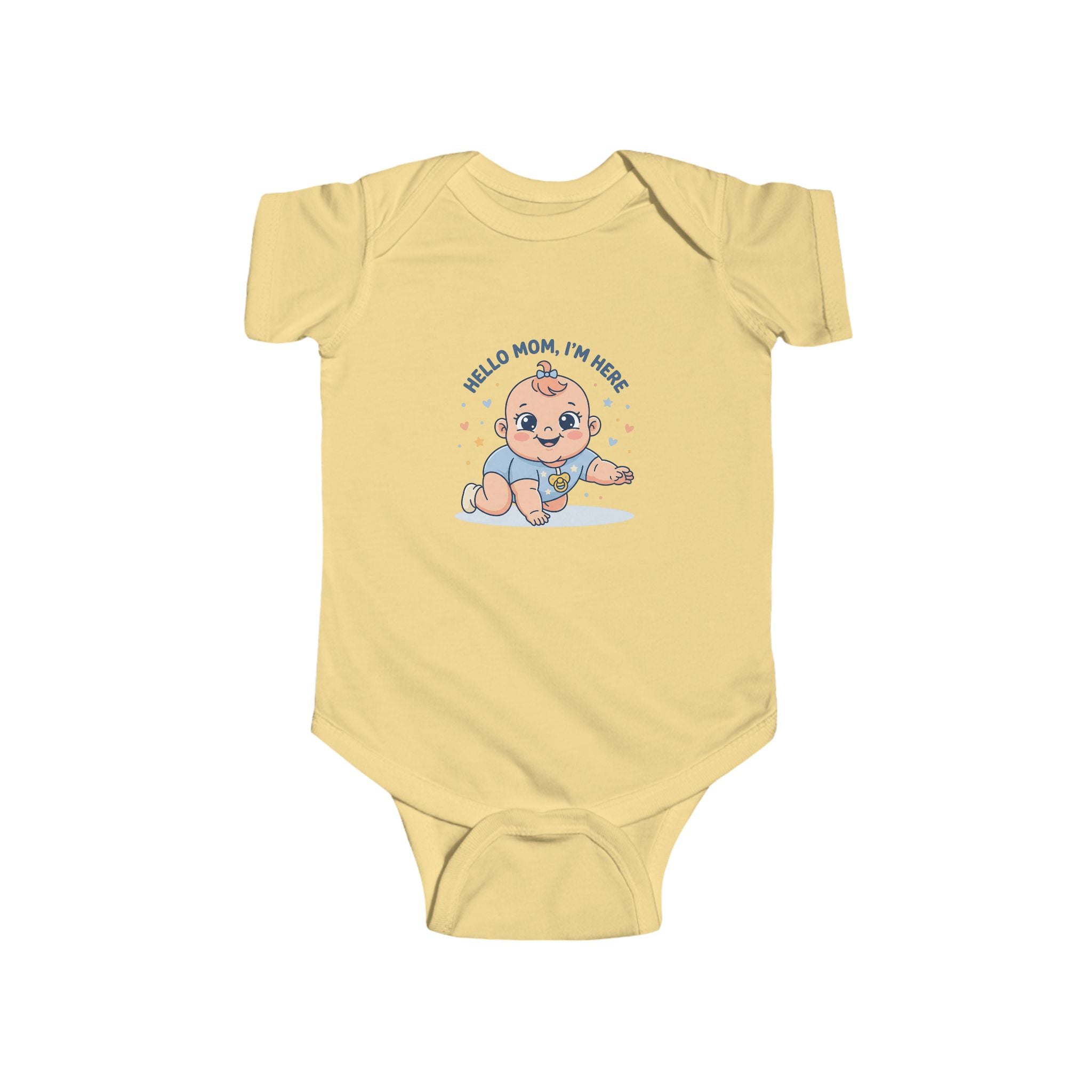 Baby Bodysuit – Cute Retro Baby Graphic "Hello Mom I'm Here" & "Will You Caress Me Mom?" Newborn Onesie