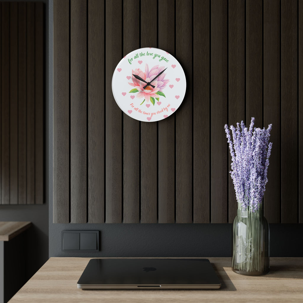 Acrylic Wall Clock — 'For All the Love You Gave' Floral Tribute Clock (Pink Magnolia, Heart Accent)
