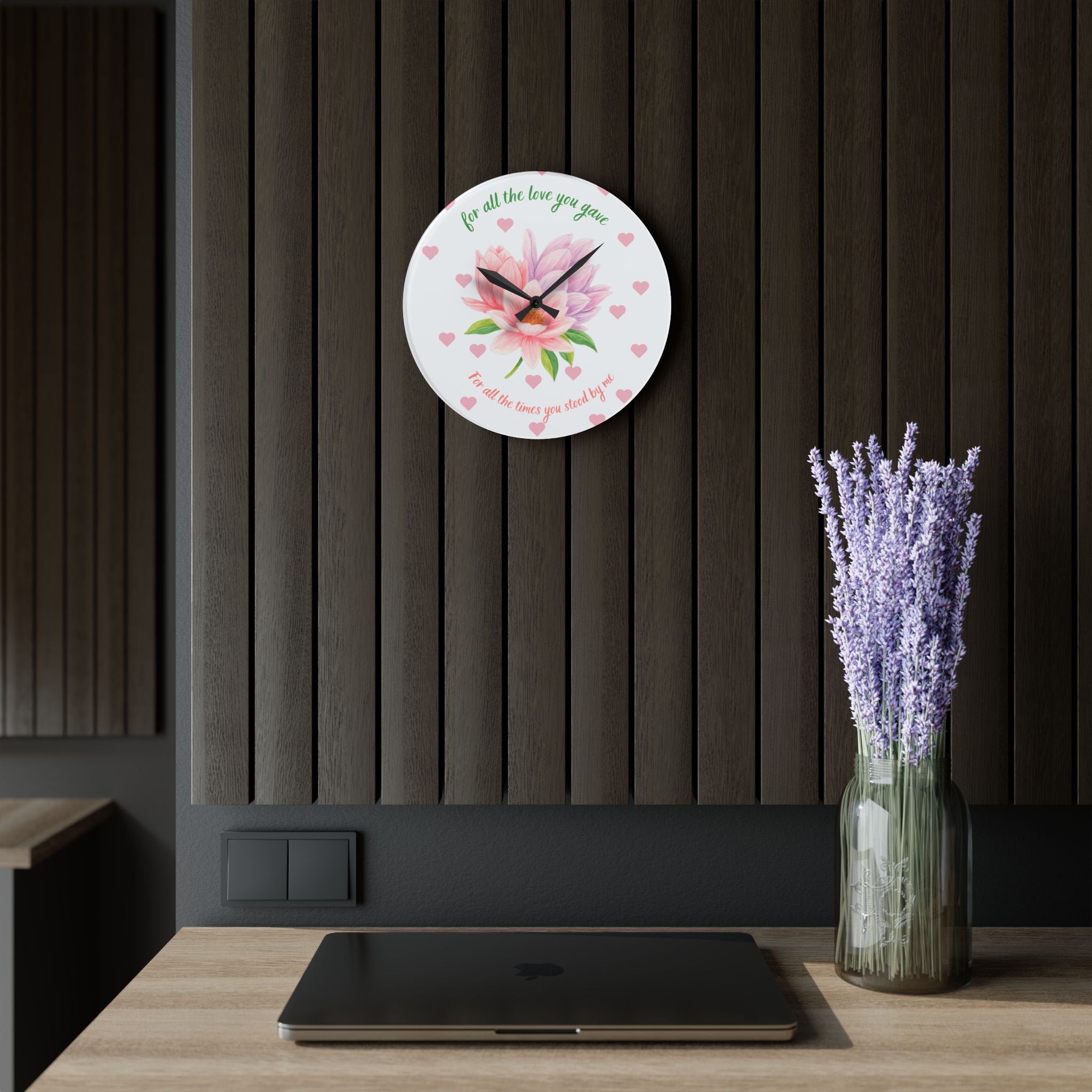 Acrylic Wall Clock — 'For All the Love You Gave' Floral Tribute Clock (Pink Magnolia, Heart Accent)