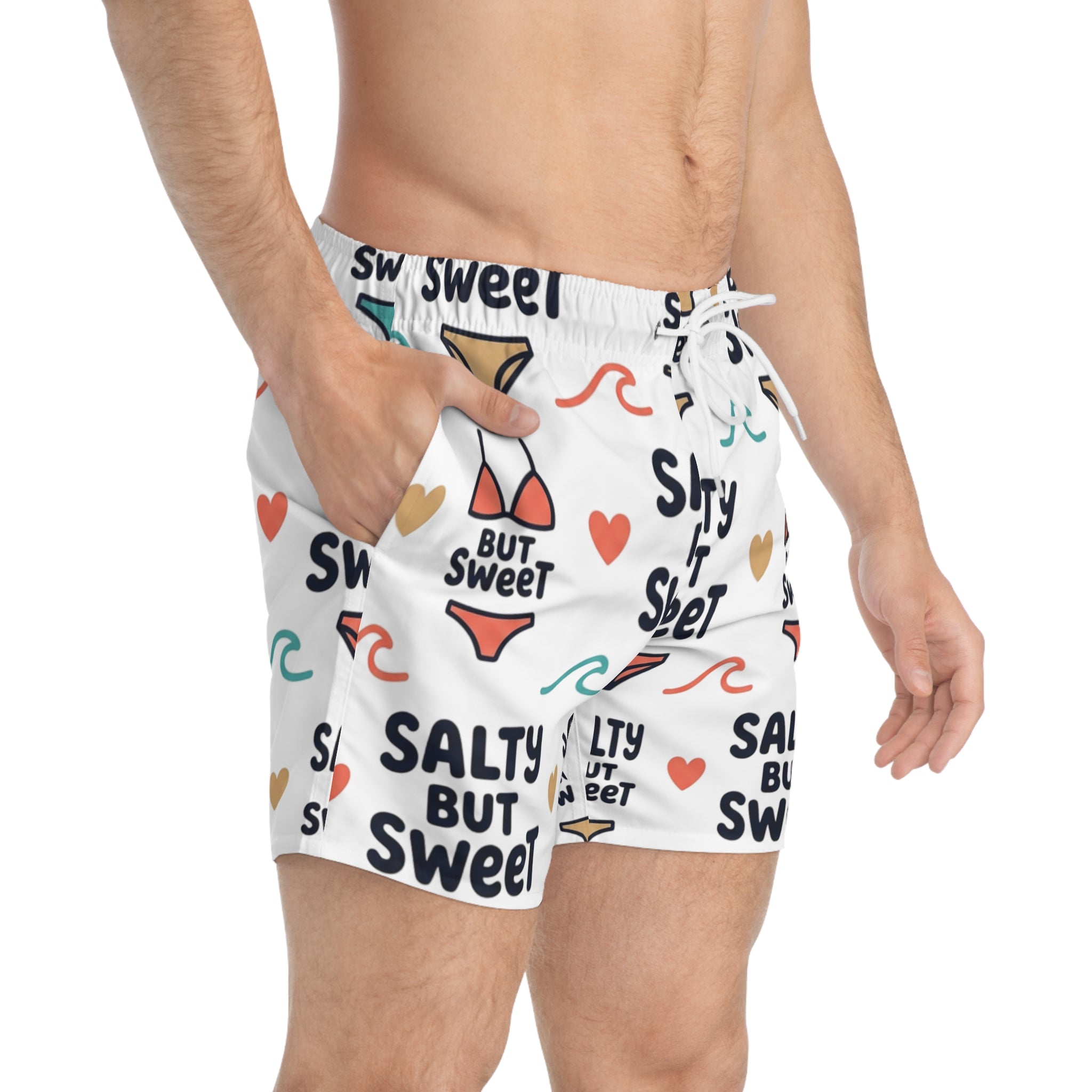 Swim Trunks — "Salty But Sweet" All-Over Print Beach Shorts