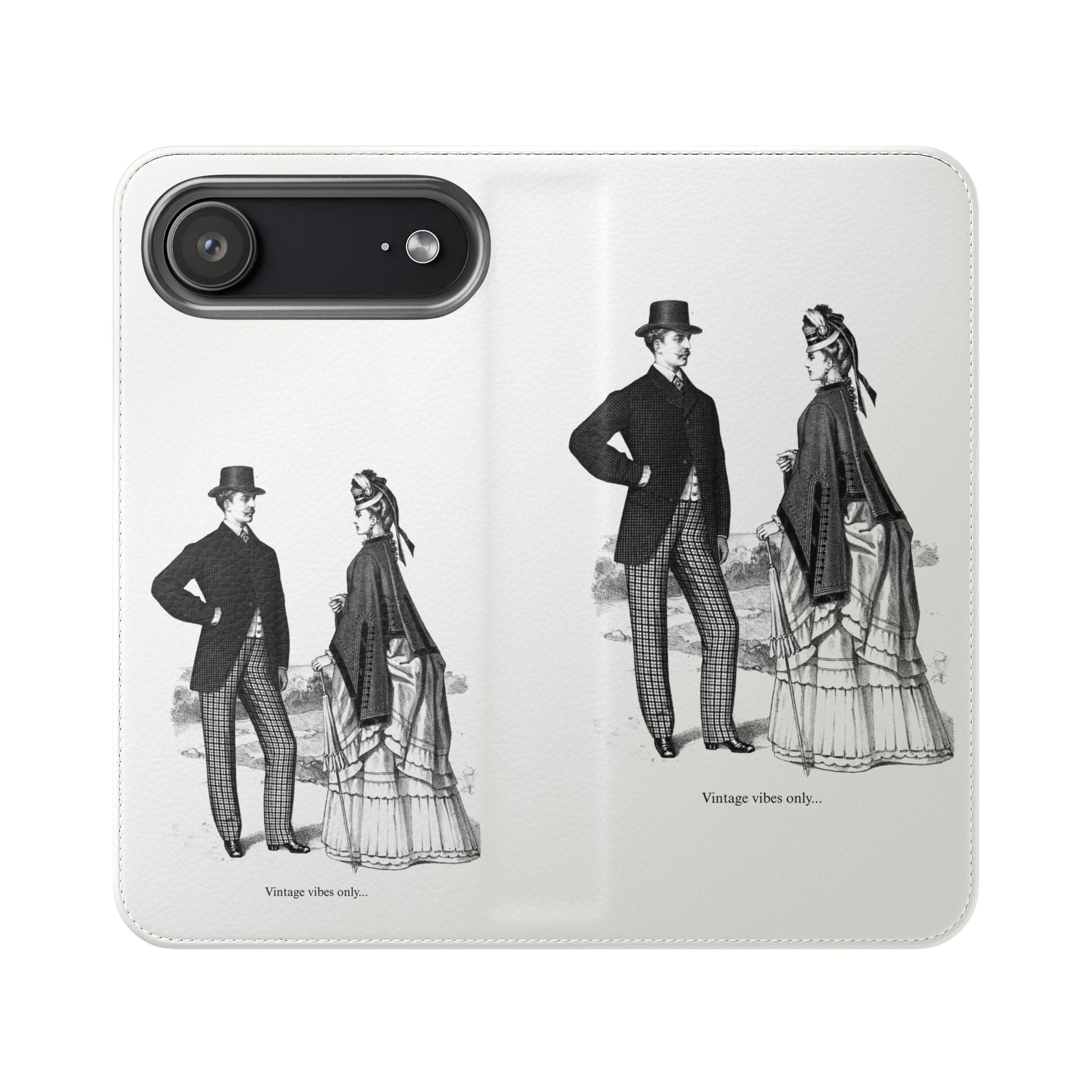 Vintage Victorian Couple Flip Phone Case - Retro Illustration Wallet Cover
