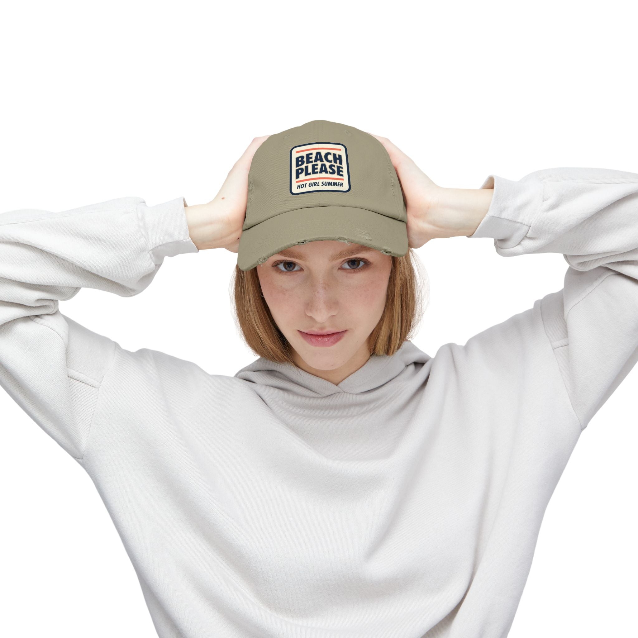 Beach Please Distressed Cap - "Hot Girl Summer" Retro Patch Baseball Hat