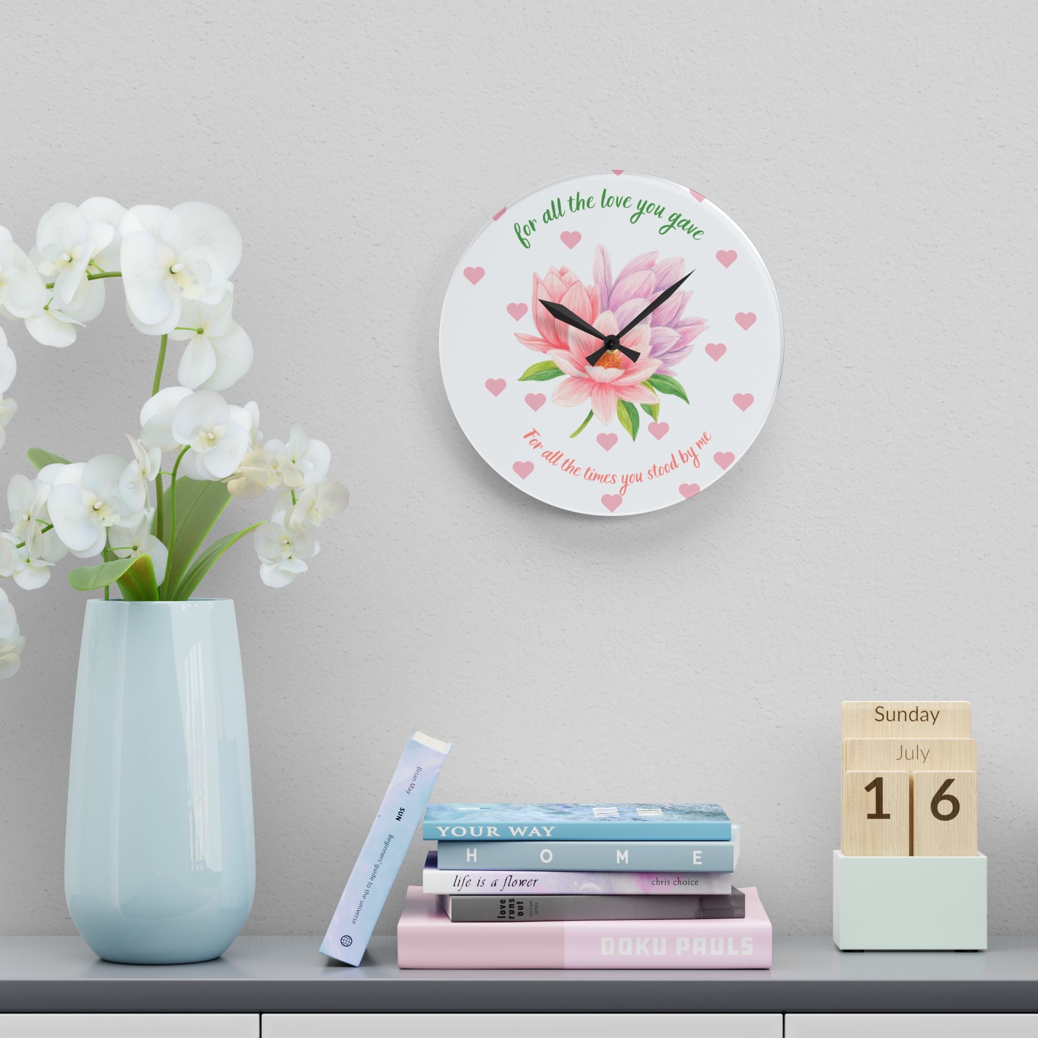 Acrylic Wall Clock — 'For All the Love You Gave' Floral Tribute Clock (Pink Magnolia, Heart Accent)