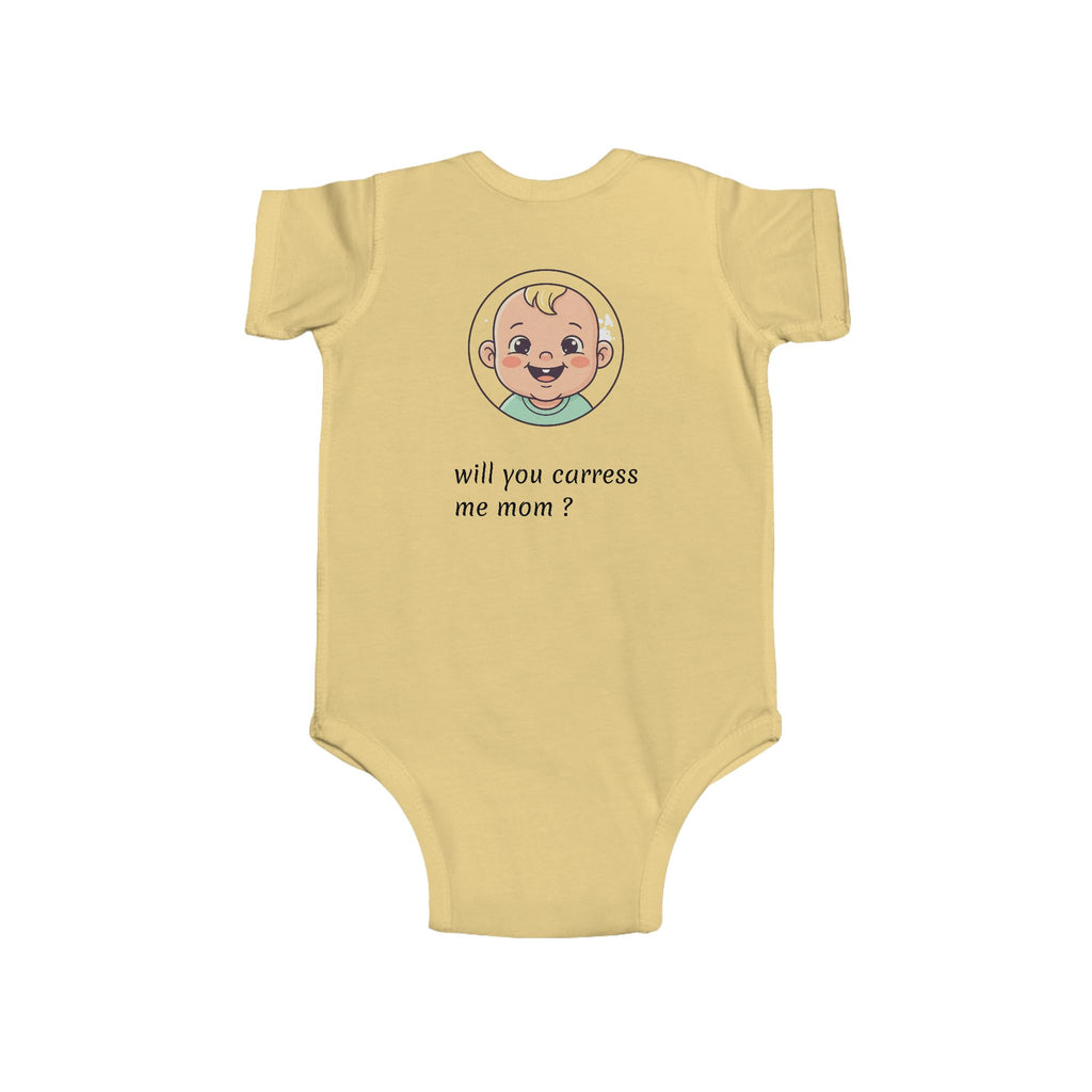 Baby Bodysuit – Cute Retro Baby Graphic "Hello Mom I'm Here" & "Will You Caress Me Mom?" Newborn Onesie