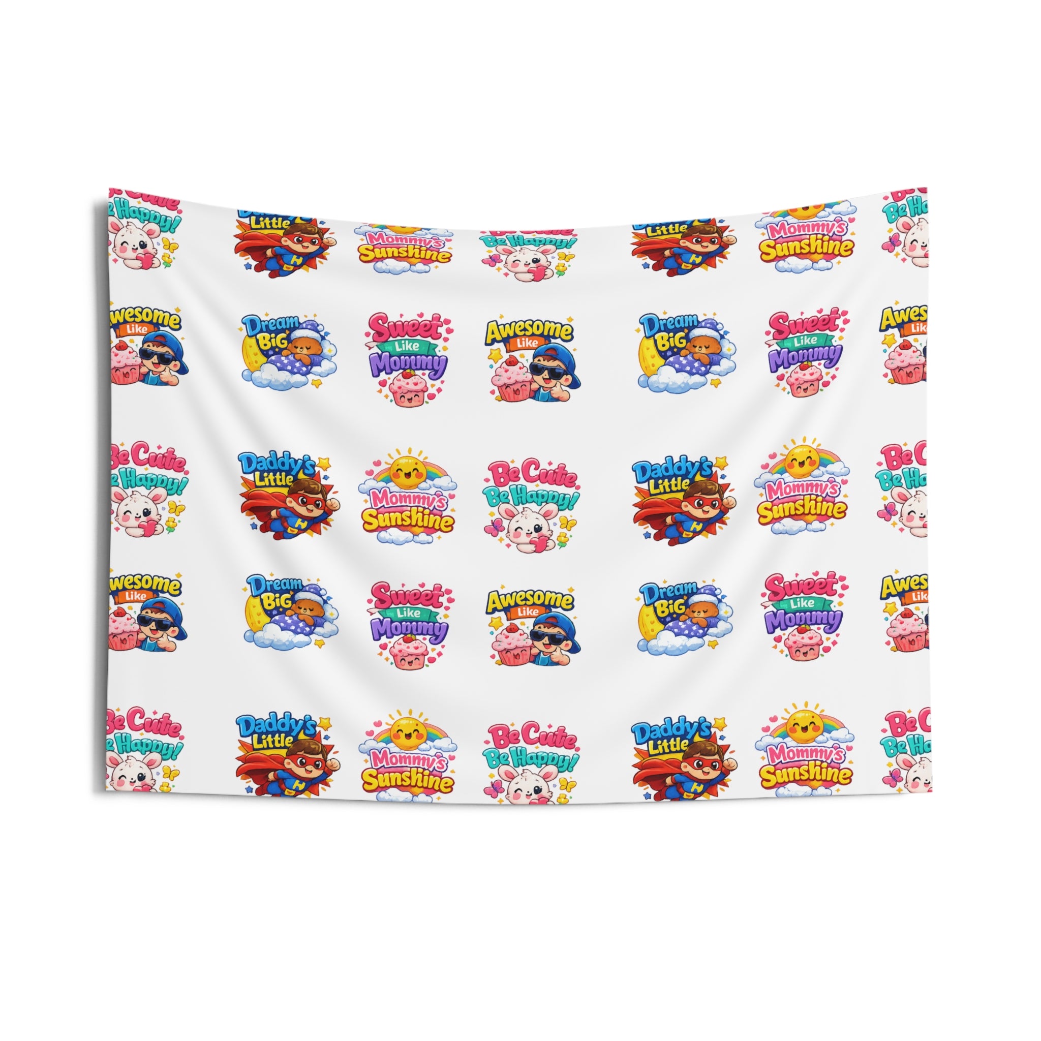 Cute Patterned Kids’ Wall Tapestry – Colorful Cartoon Logo Repeat for Nursery, Playroom, Bedroom Decor