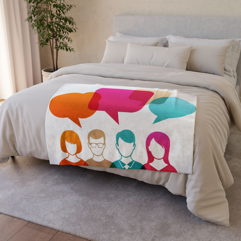 Conversation Community Throw Blanket — Colorful Speech Bubble People Design