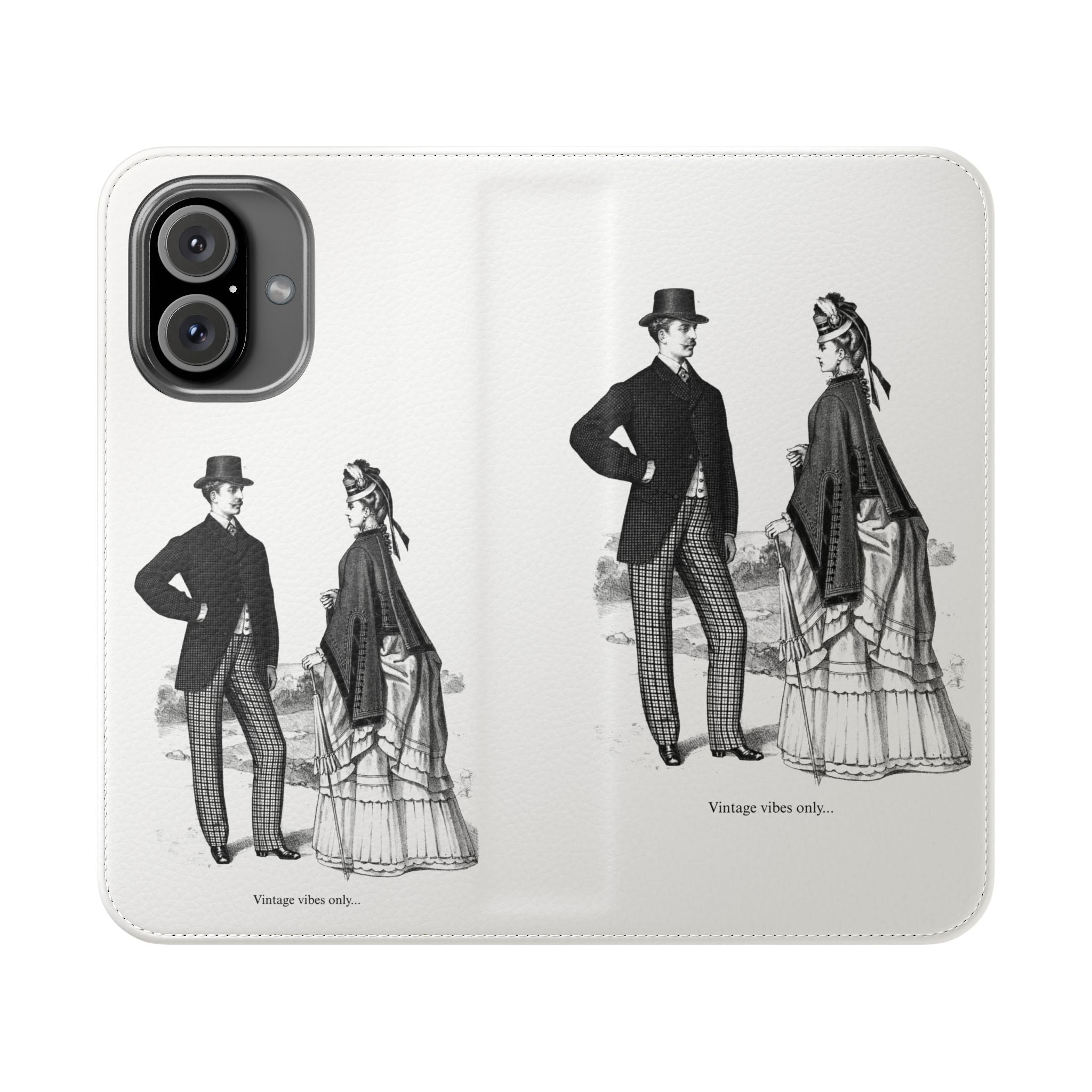 Vintage Victorian Couple Flip Phone Case - Retro Illustration Wallet Cover