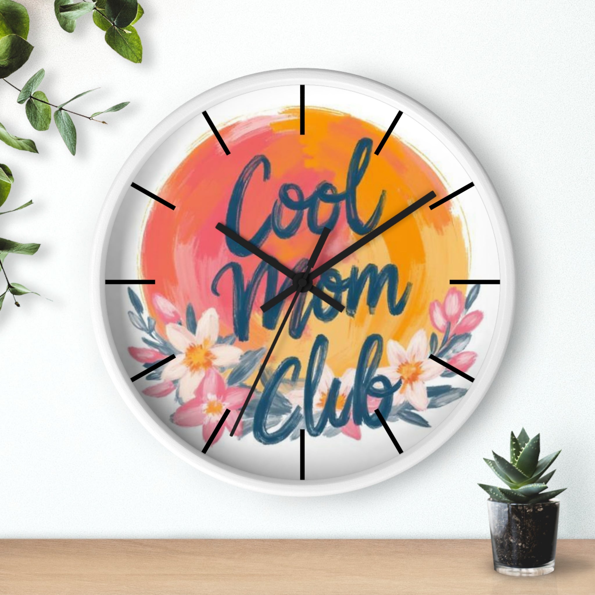 Cool Mom Club Wall Clock — Floral Sunburst Decorative Clock for Mother's Day & Home