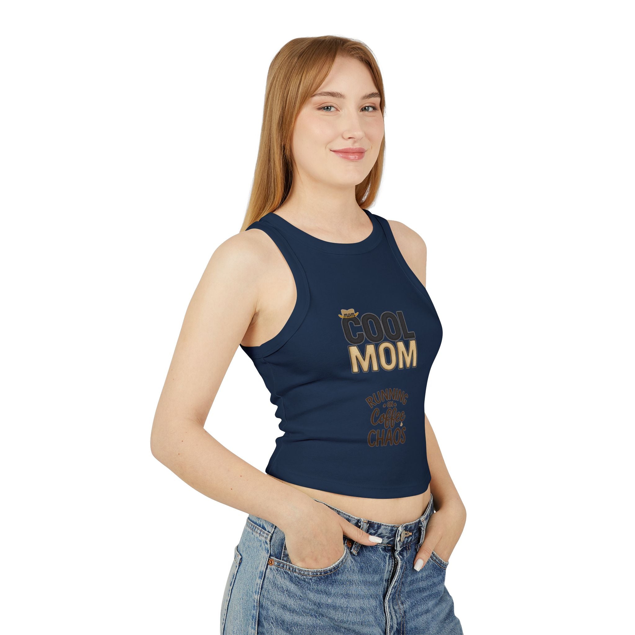 Cool Mom Racer Tank Top – "Running On Coffee & Chaos" Graphic