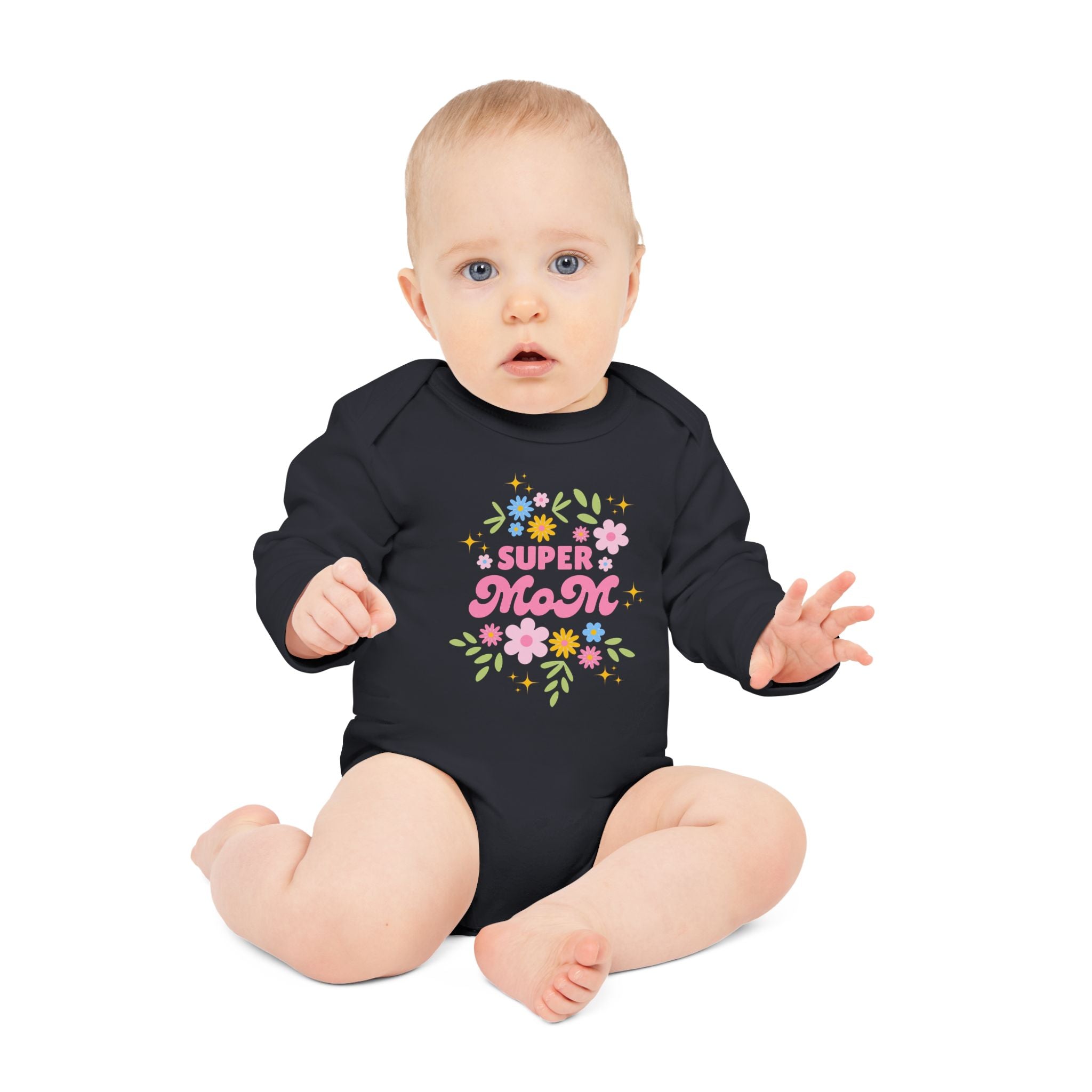 Baby Bodysuit — "Super Mom" Floral Long-Sleeve Organic Onesie (Mother’s Day Gift)