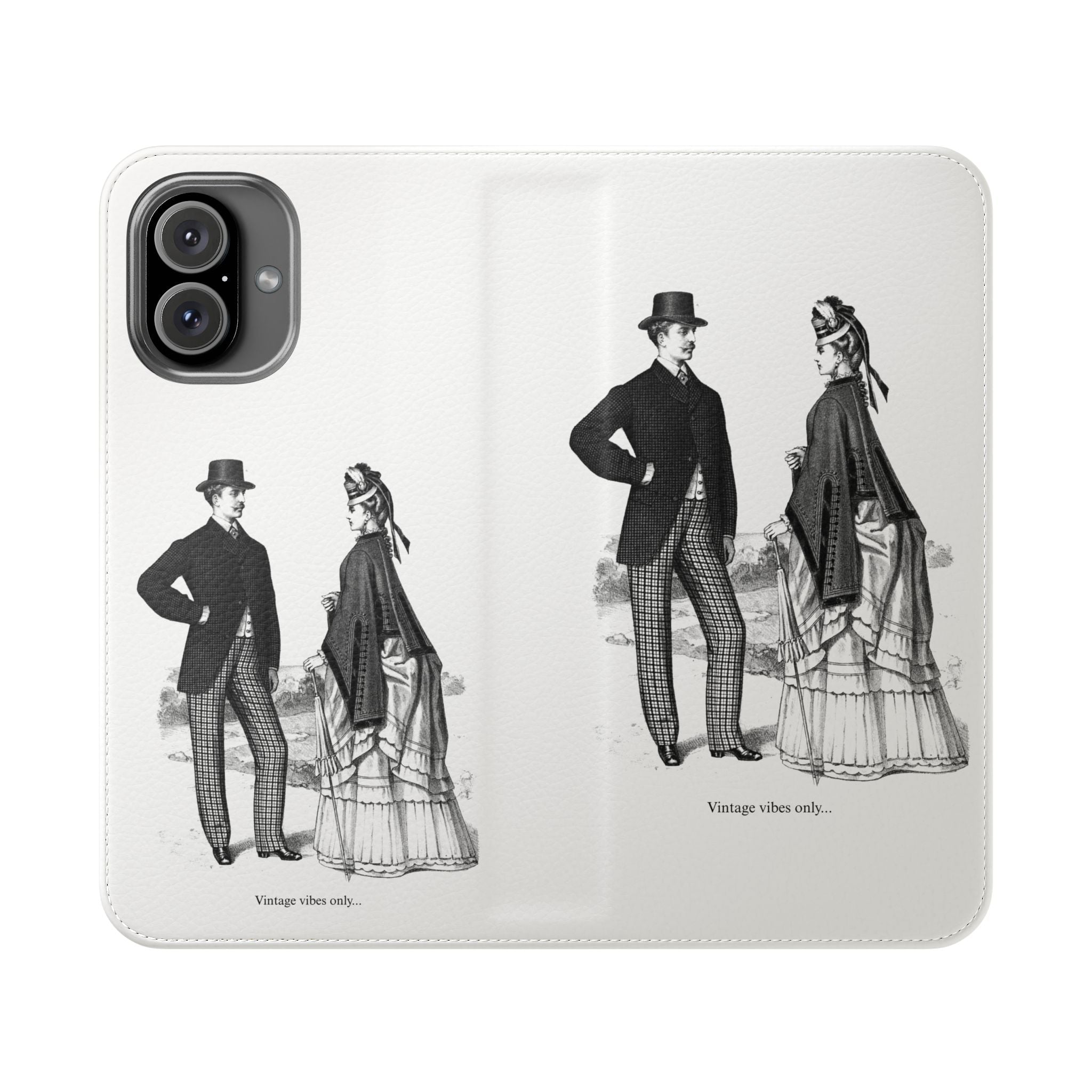 Vintage Victorian Couple Flip Phone Case - Retro Illustration Wallet Cover