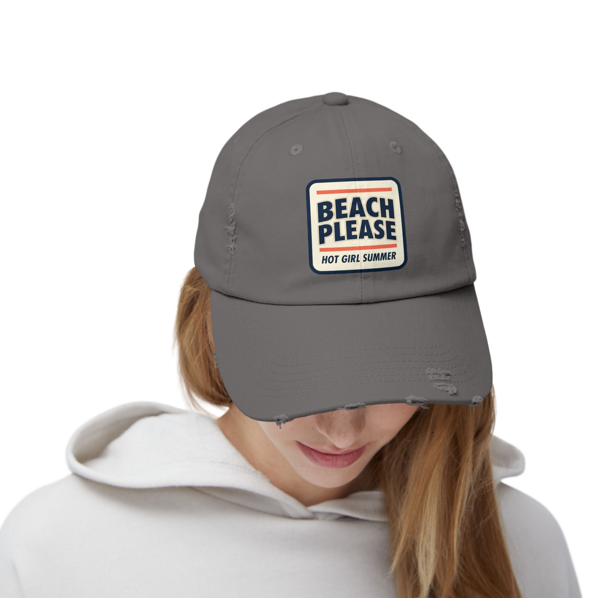 Beach Please Distressed Cap - "Hot Girl Summer" Retro Patch Baseball Hat