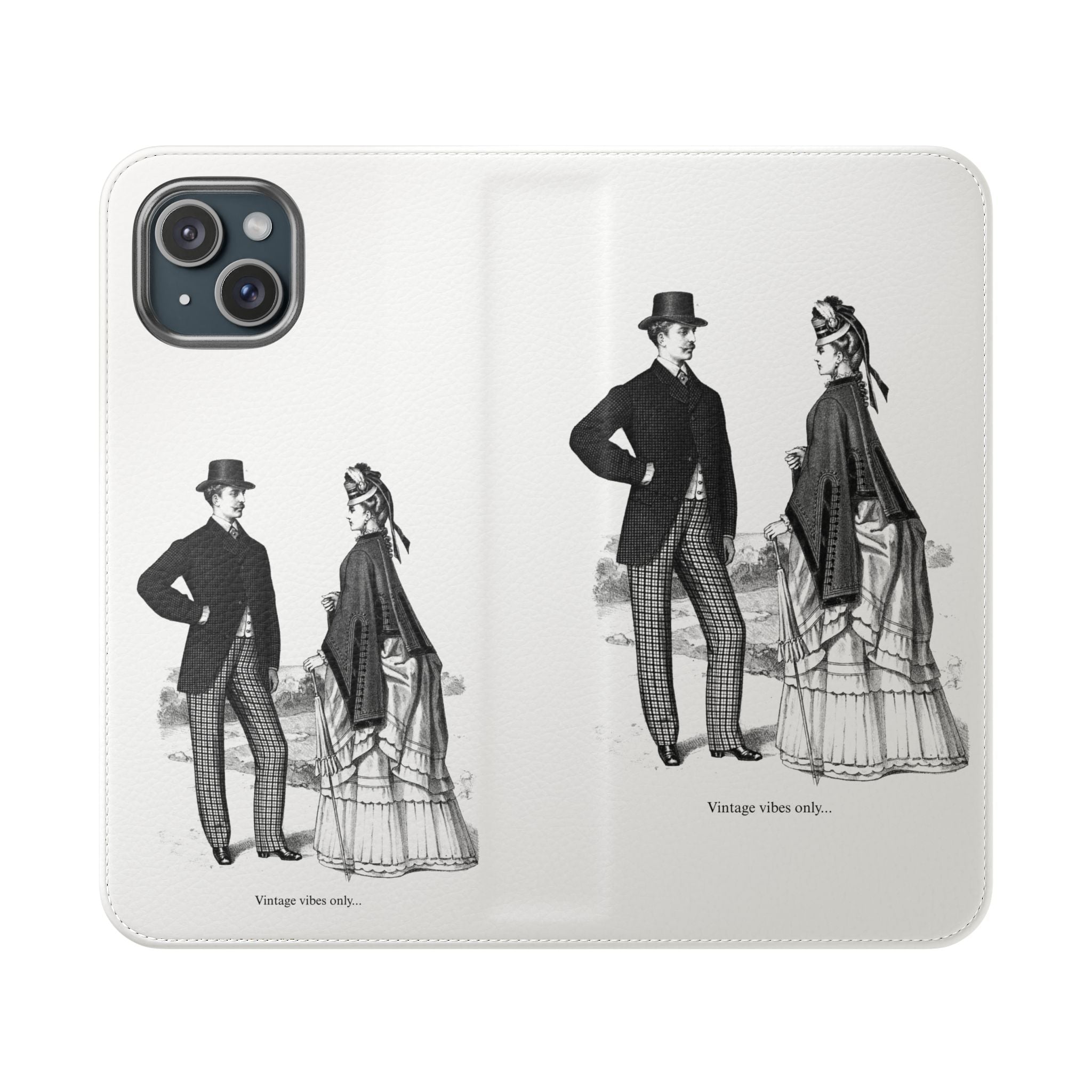 Vintage Victorian Couple Flip Phone Case - Retro Illustration Wallet Cover