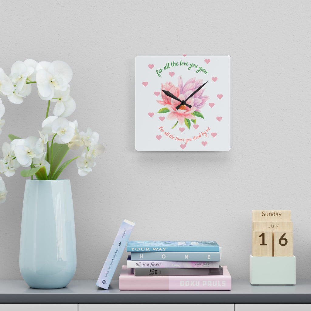 Acrylic Wall Clock — 'For All the Love You Gave' Floral Tribute Clock (Pink Magnolia, Heart Accent)