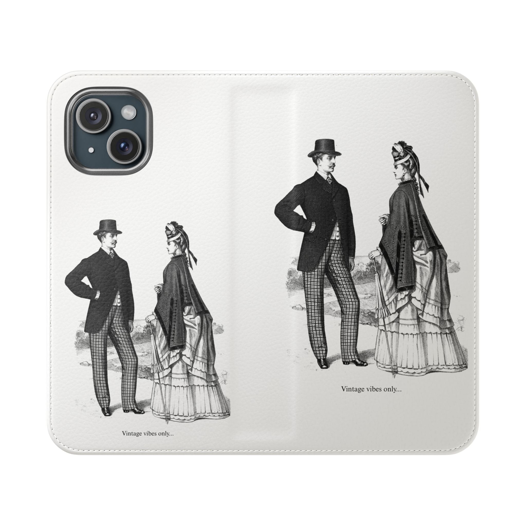 Vintage Victorian Couple Flip Phone Case - Retro Illustration Wallet Cover