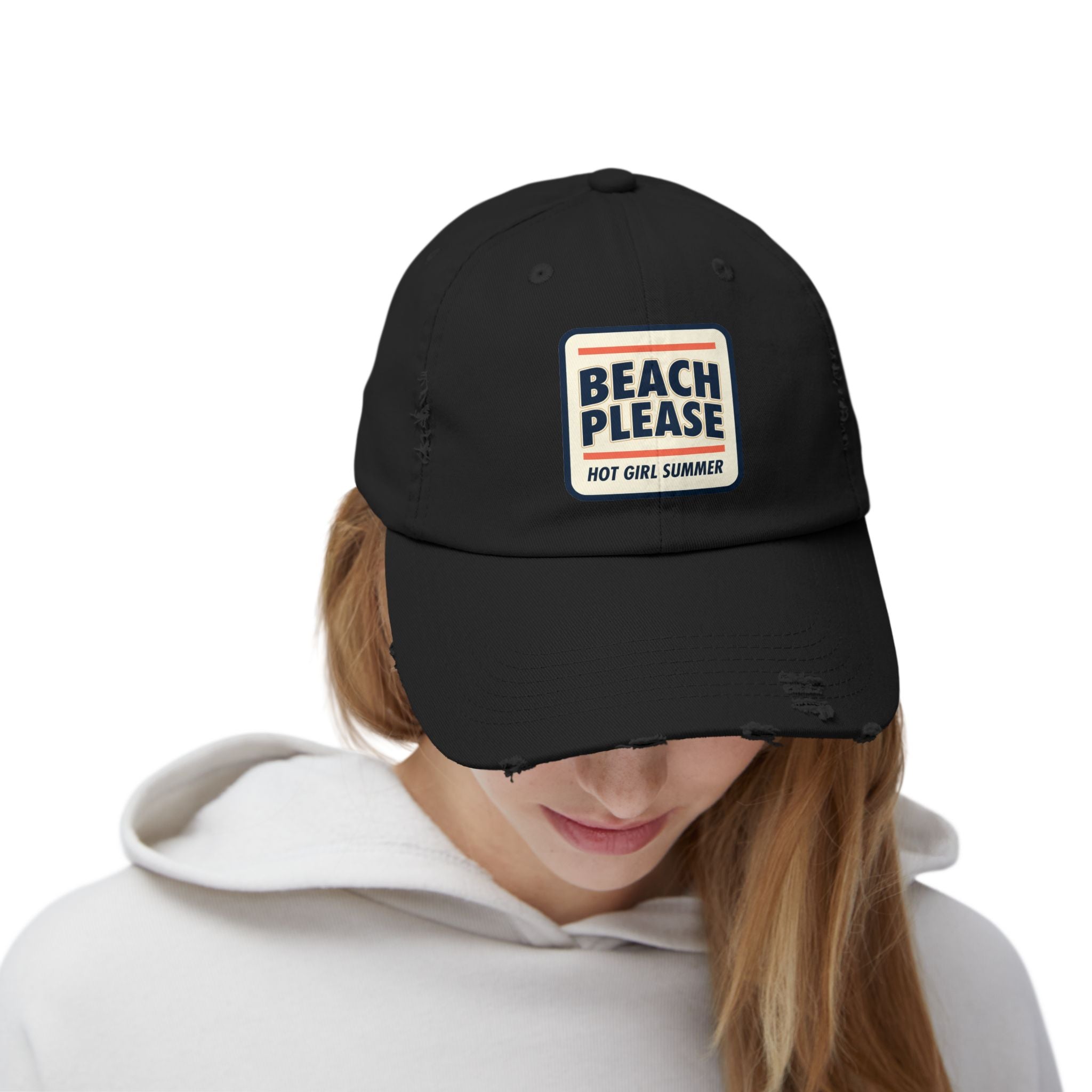 Beach Please Distressed Cap - "Hot Girl Summer" Retro Patch Baseball Hat
