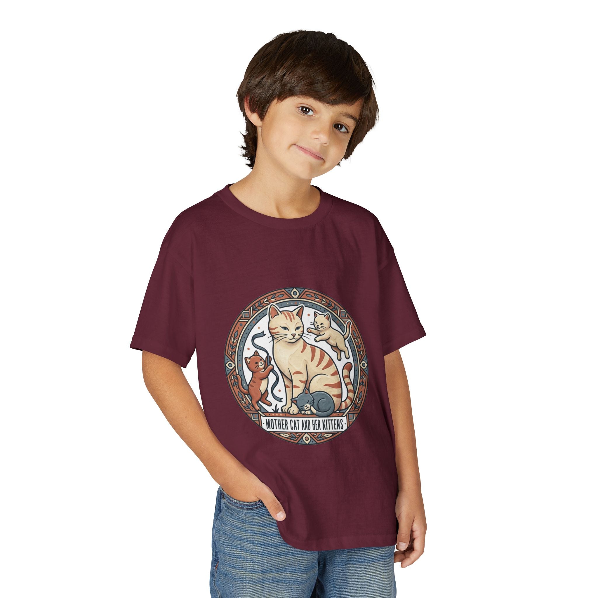 Kids' Cat Mom & Kittens Youth T-Shirt — Cute Mother Cat Illustration