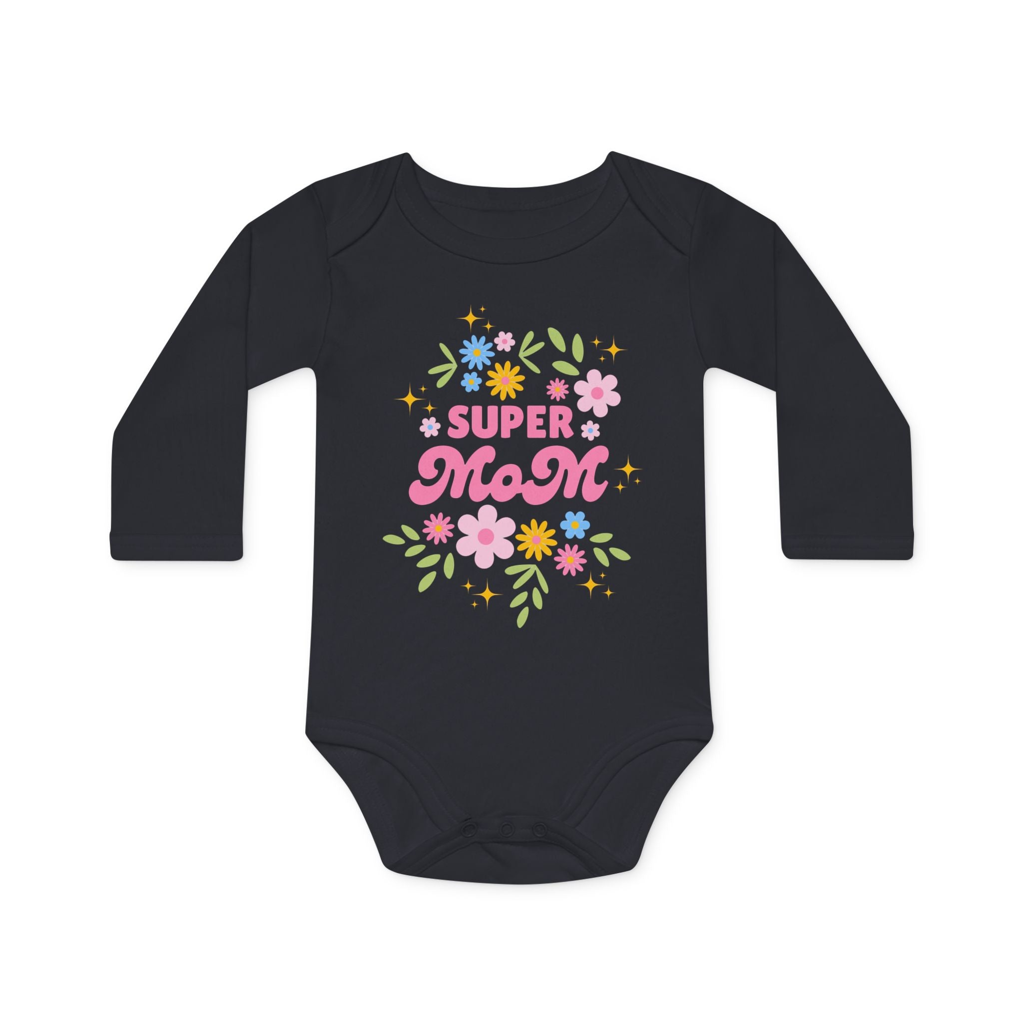 Baby Bodysuit — "Super Mom" Floral Long-Sleeve Organic Onesie (Mother’s Day Gift)