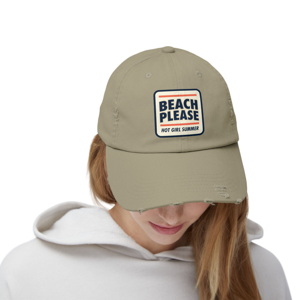 Beach Please Distressed Cap - "Hot Girl Summer" Retro Patch Baseball Hat