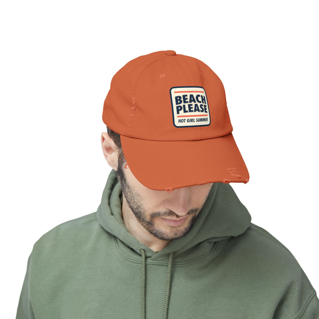 Beach Please Distressed Cap - "Hot Girl Summer" Retro Patch Baseball Hat