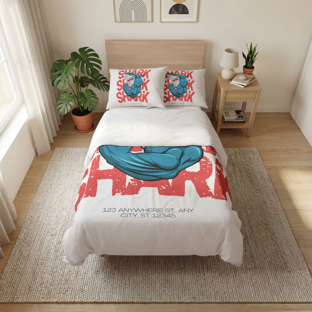 Shark Power Quilt Cover Set – 3-Piece Cartoon Shark Duvet & Pillowcase Set