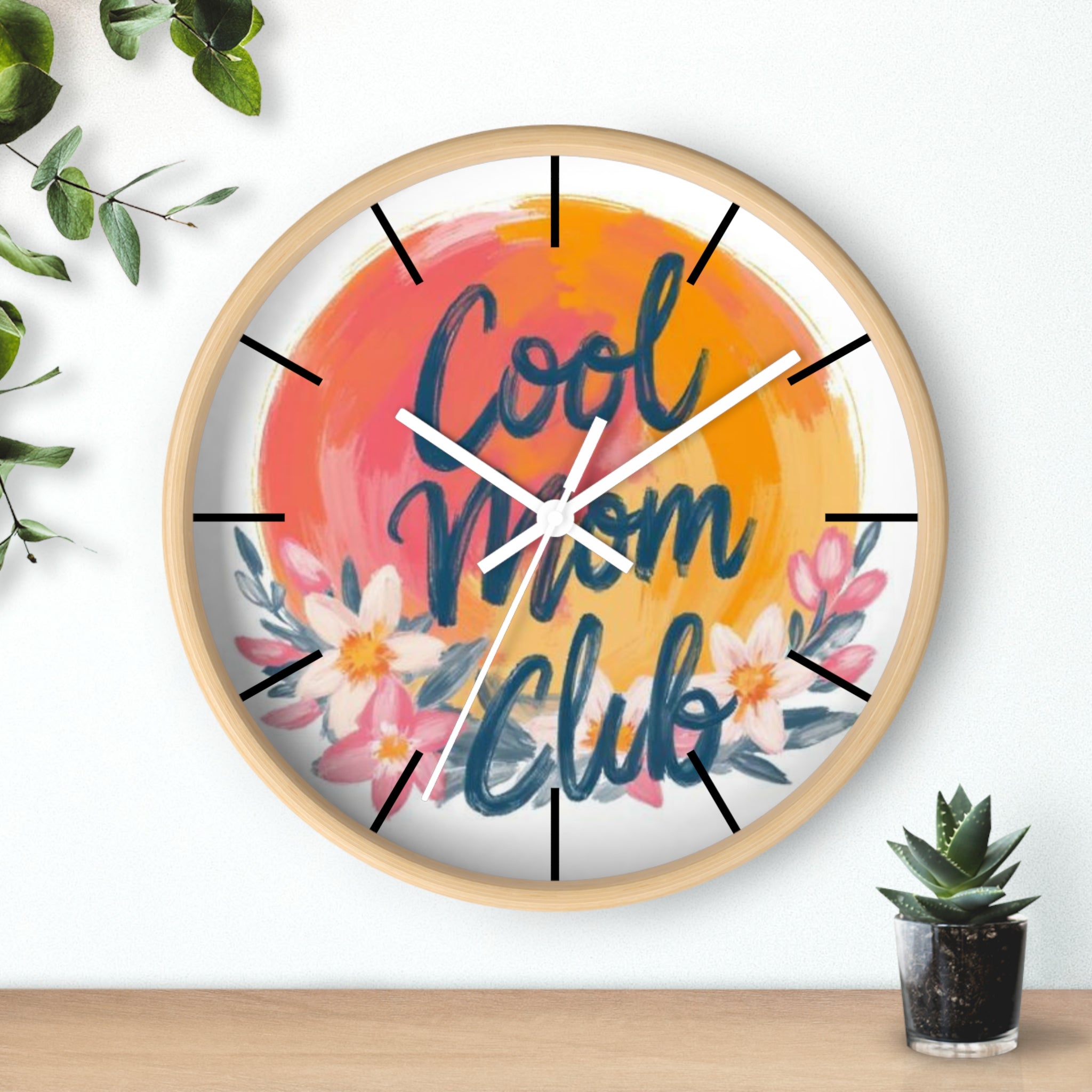 Cool Mom Club Wall Clock — Floral Sunburst Decorative Clock for Mother's Day & Home