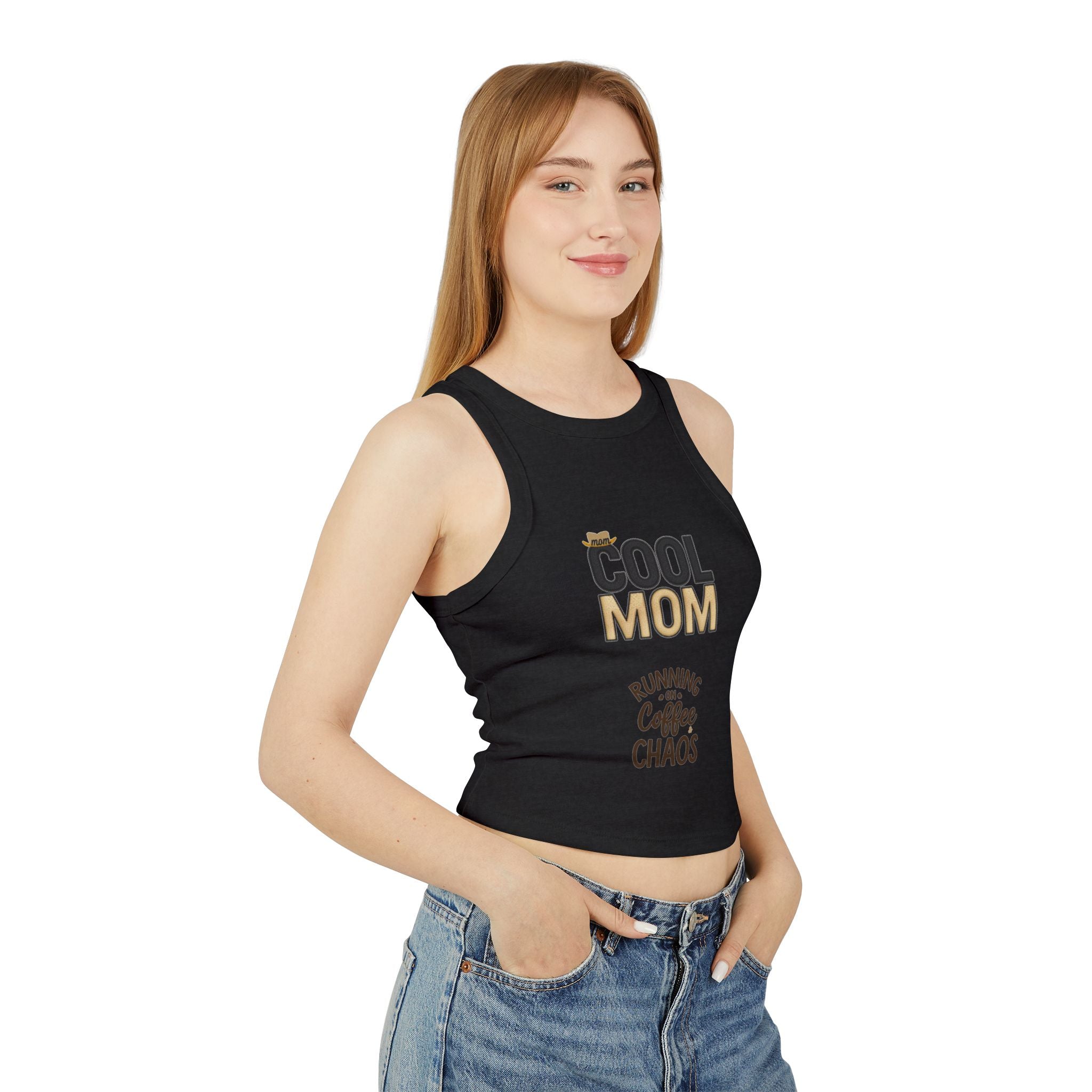 Cool Mom Racer Tank Top – "Running On Coffee & Chaos" Graphic
