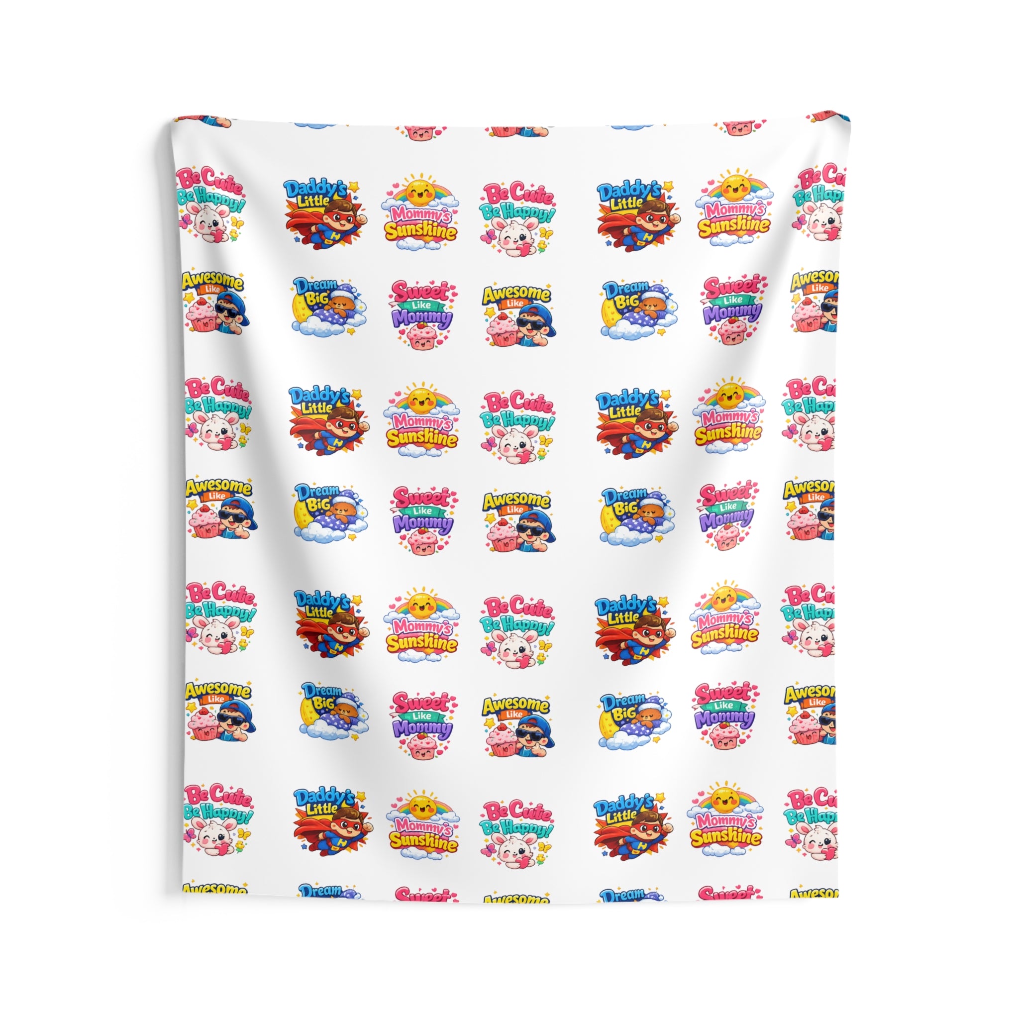 Cute Patterned Kids’ Wall Tapestry – Colorful Cartoon Logo Repeat for Nursery, Playroom, Bedroom Decor