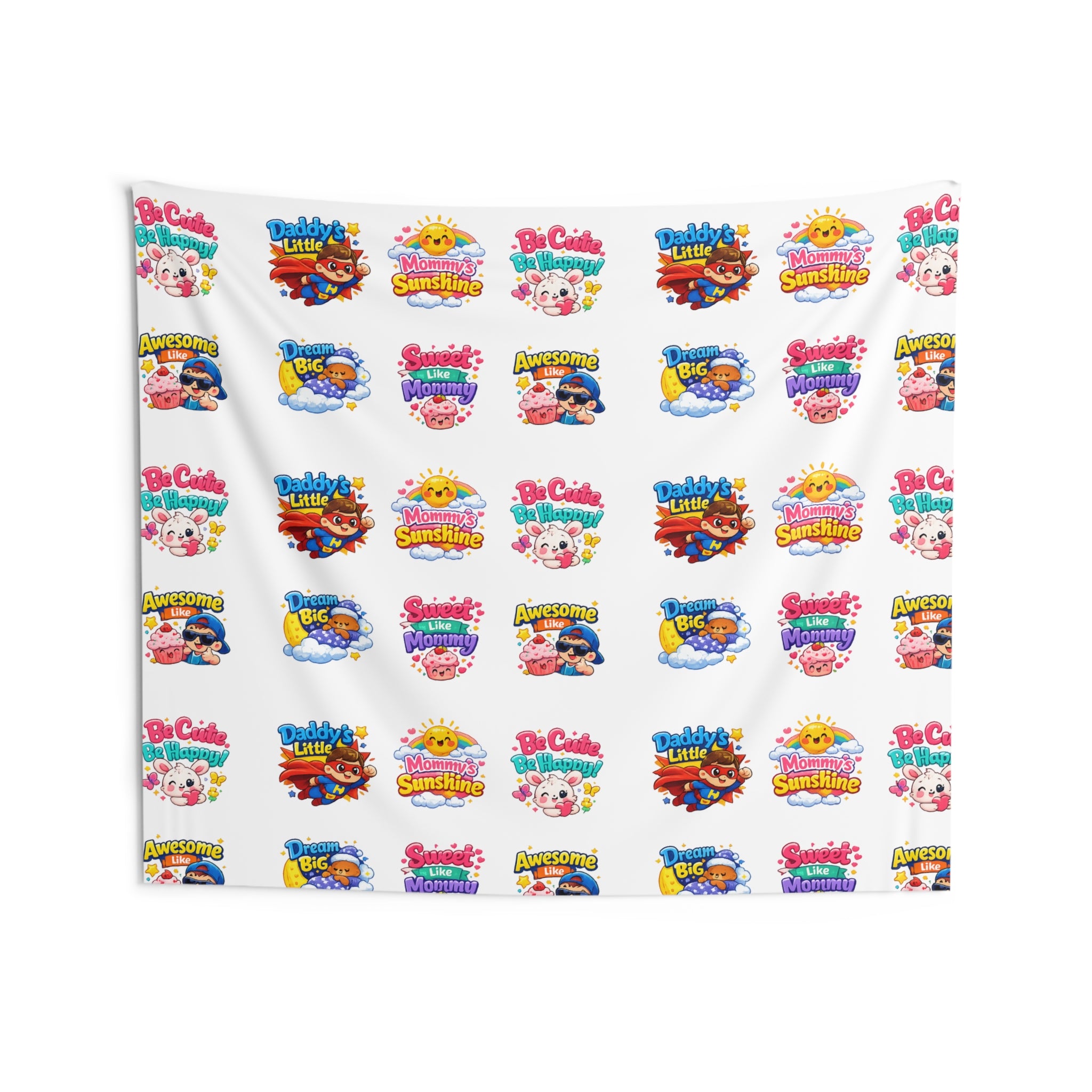 Cute Patterned Kids’ Wall Tapestry – Colorful Cartoon Logo Repeat for Nursery, Playroom, Bedroom Decor
