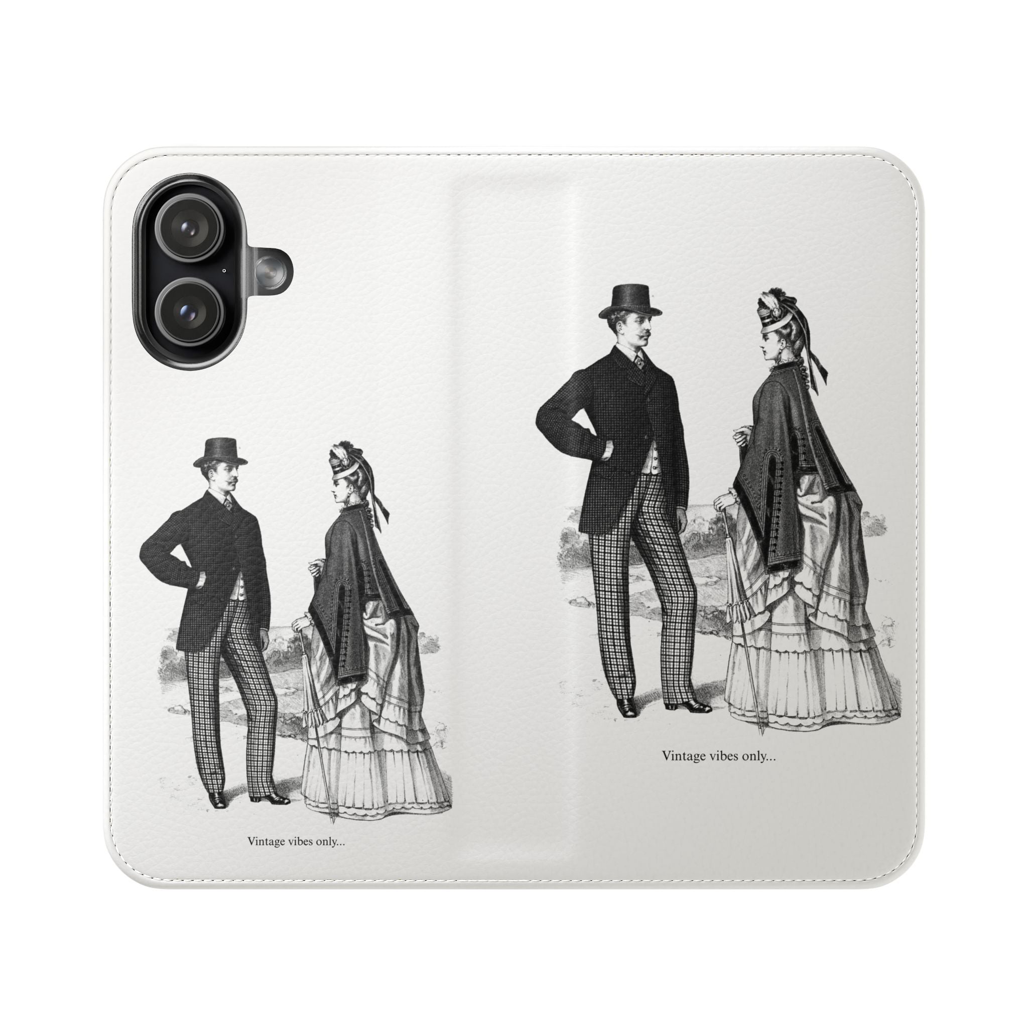 Vintage Victorian Couple Flip Phone Case - Retro Illustration Wallet Cover