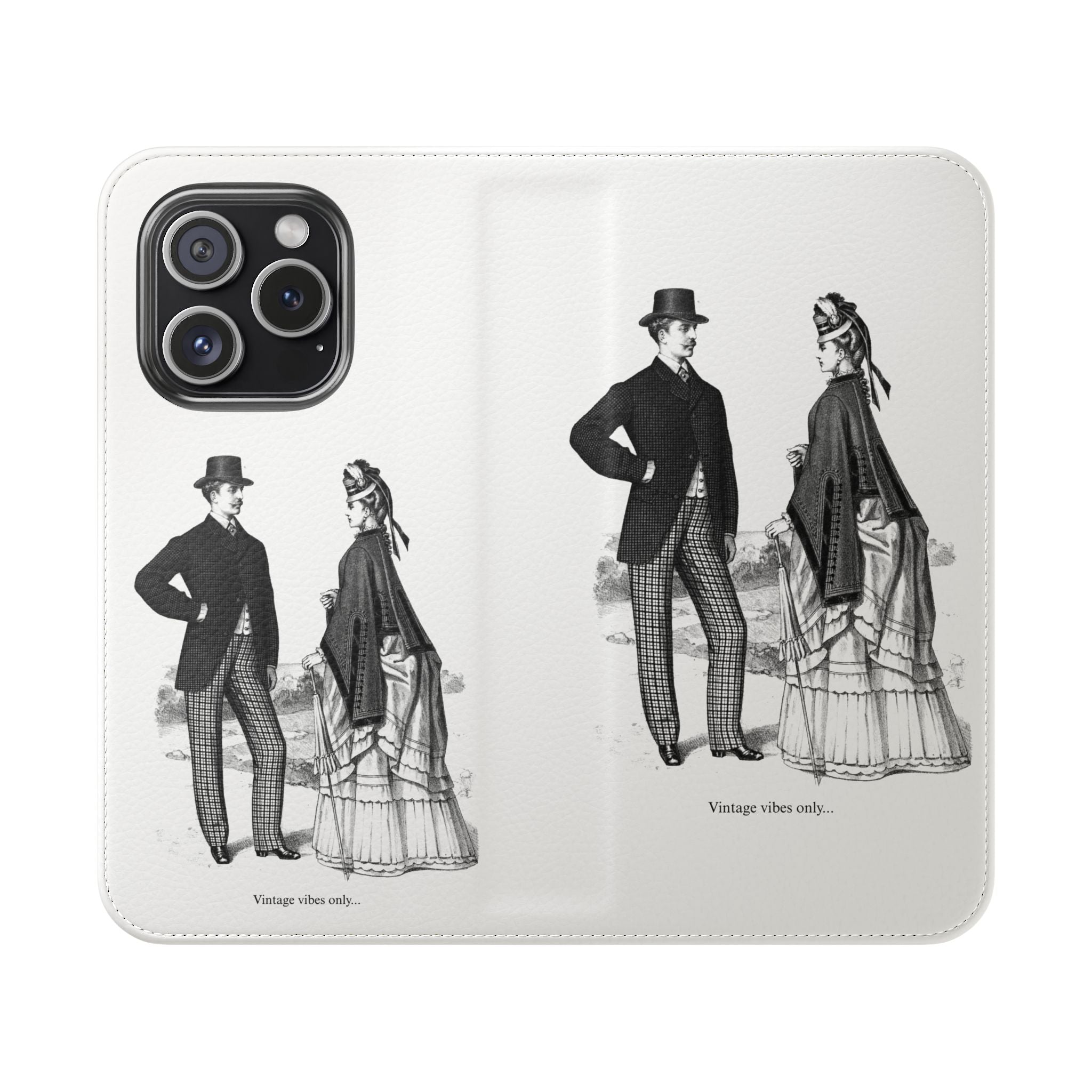 Vintage Victorian Couple Flip Phone Case - Retro Illustration Wallet Cover