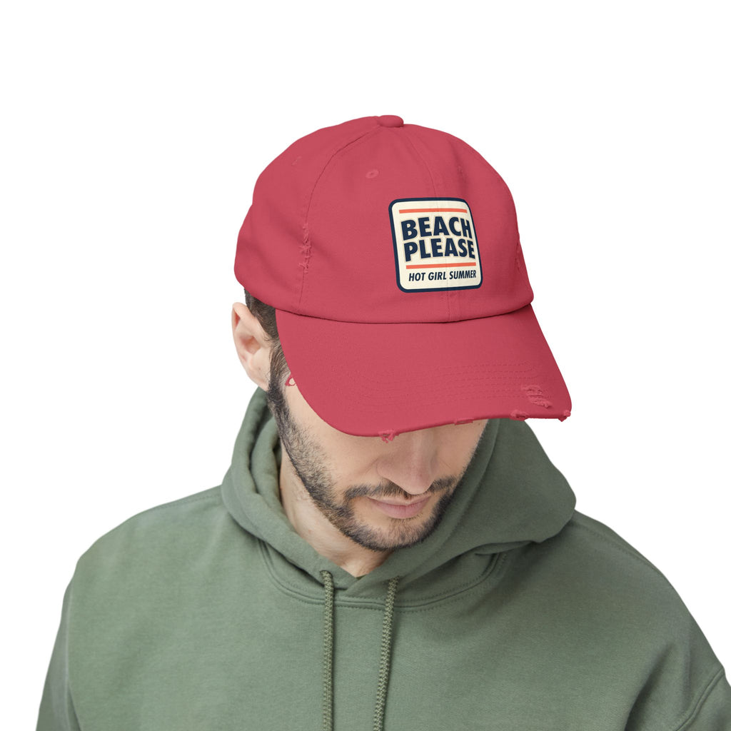 Beach Please Distressed Cap - "Hot Girl Summer" Retro Patch Baseball Hat