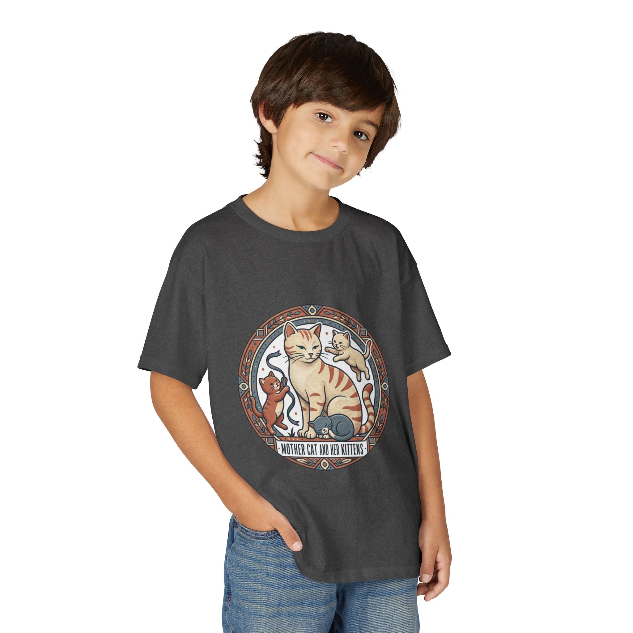 Kids' Cat Mom & Kittens Youth T-Shirt — Cute Mother Cat Illustration