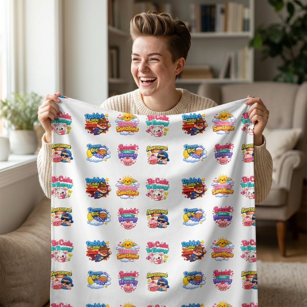 Cute Patterned Kids’ Wall Tapestry – Colorful Cartoon Logo Repeat for Nursery, Playroom, Bedroom Decor
