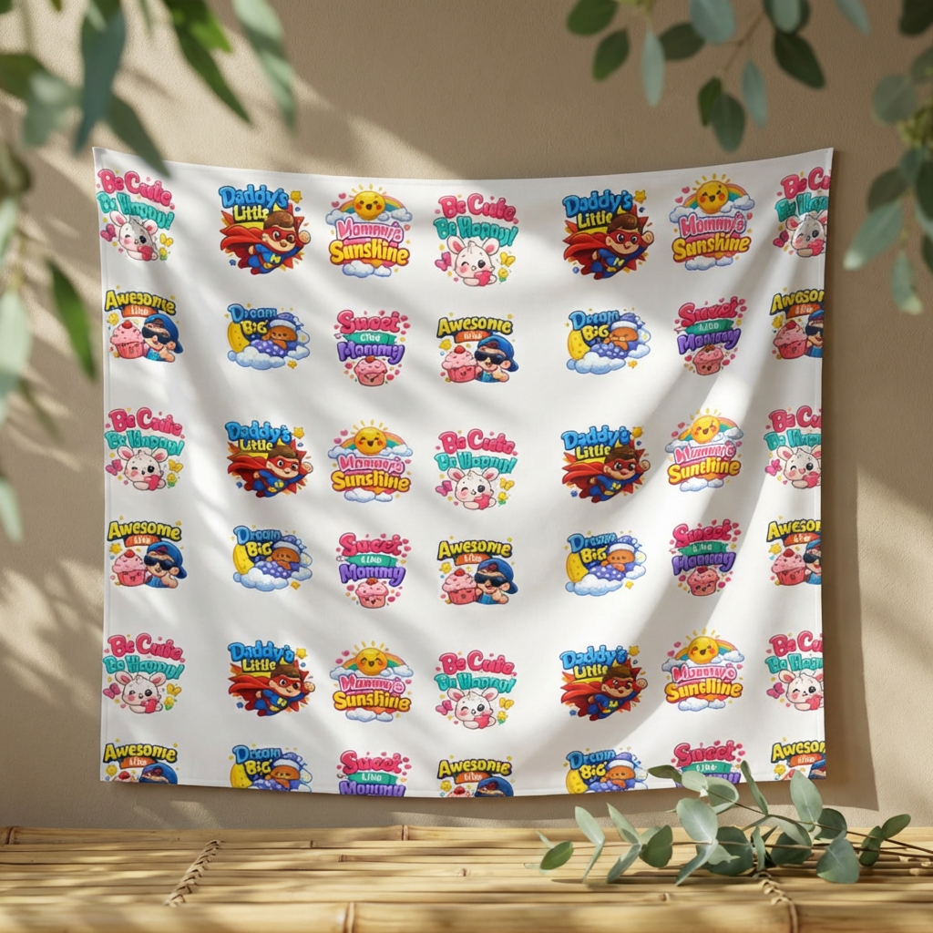 Cute Patterned Kids’ Wall Tapestry – Colorful Cartoon Logo Repeat for Nursery, Playroom, Bedroom Decor