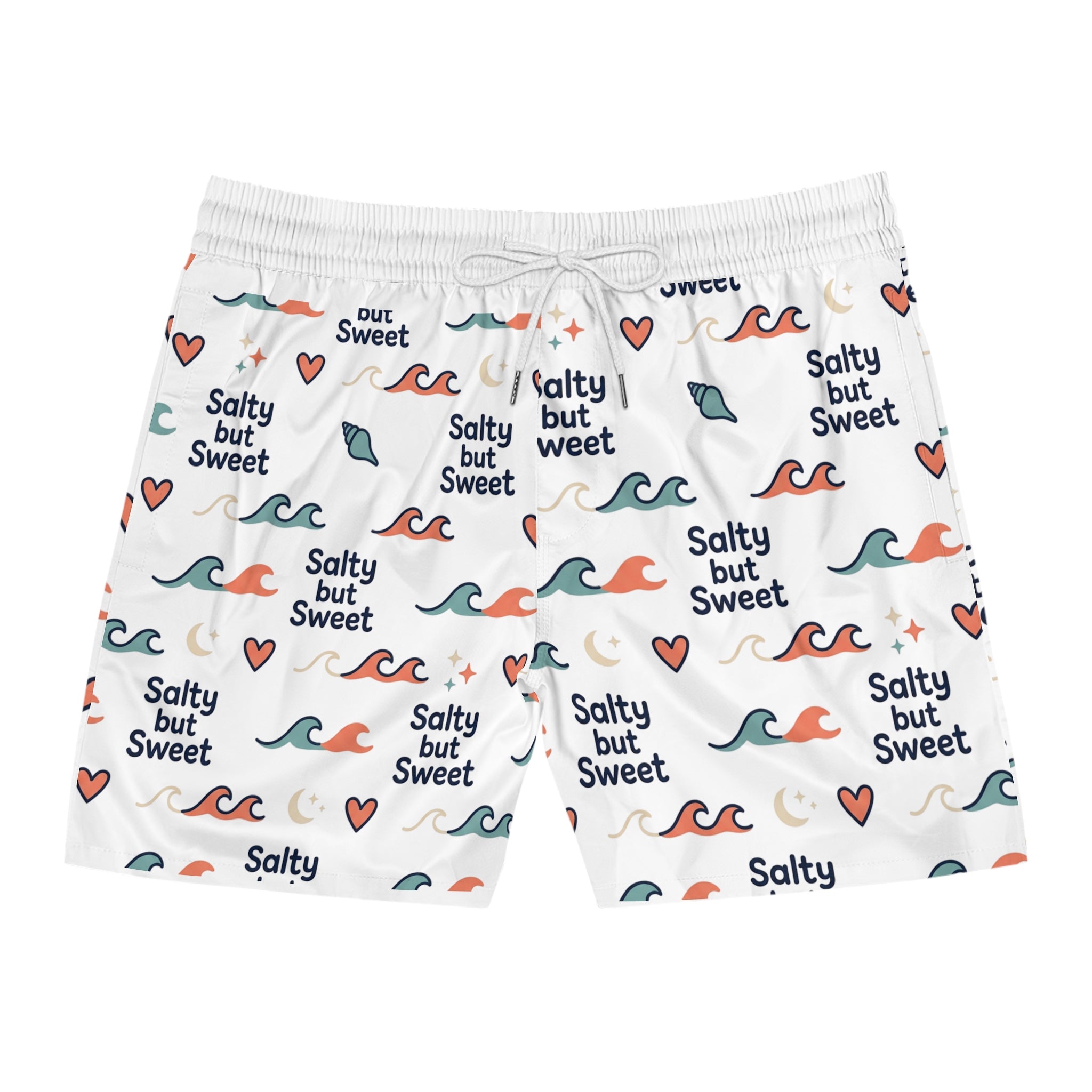 Salty But Sweet Swim Shorts — Men's Beach Trunks with Wave & Heart Print