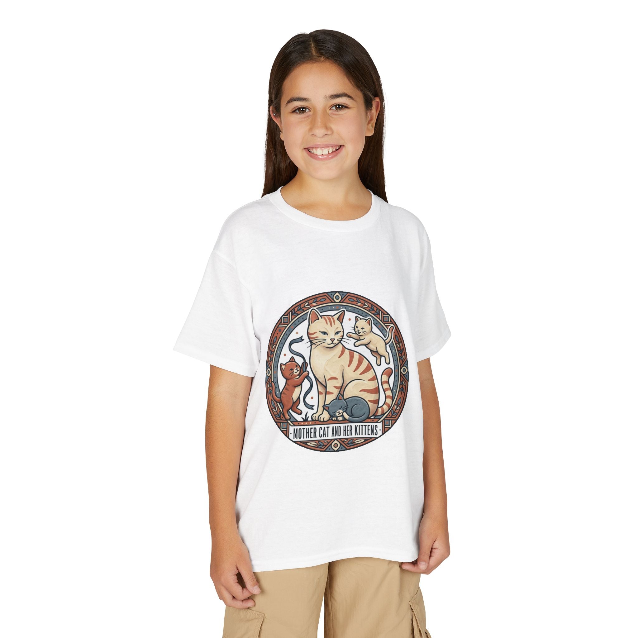 Kids' Cat Mom & Kittens Youth T-Shirt — Cute Mother Cat Illustration