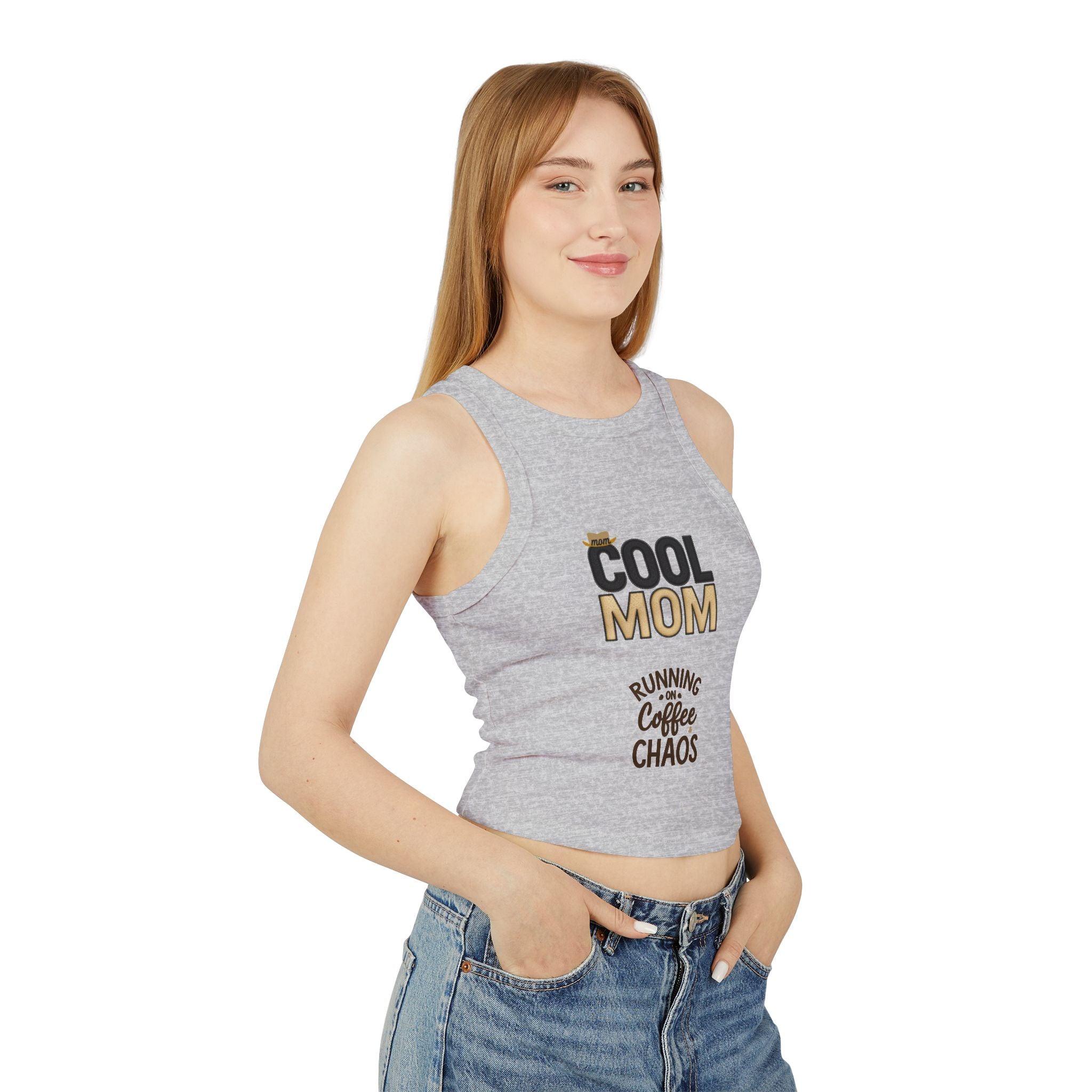 Cool Mom Racer Tank Top – "Running On Coffee & Chaos" Graphic