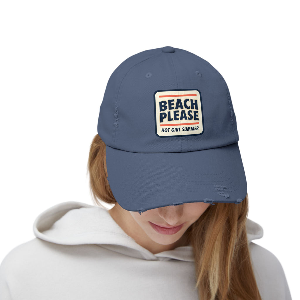 Beach Please Distressed Cap - "Hot Girl Summer" Retro Patch Baseball Hat