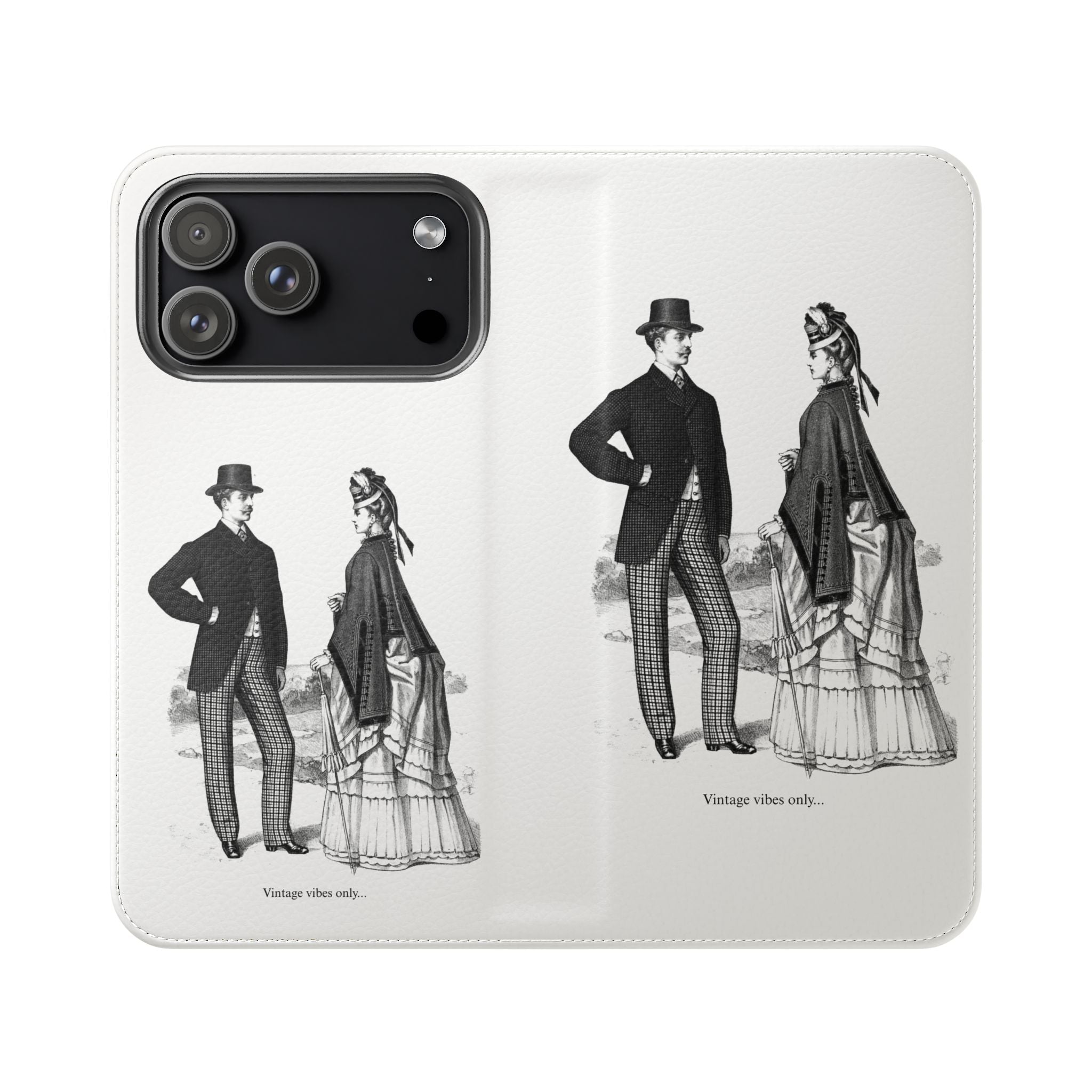Vintage Victorian Couple Flip Phone Case - Retro Illustration Wallet Cover