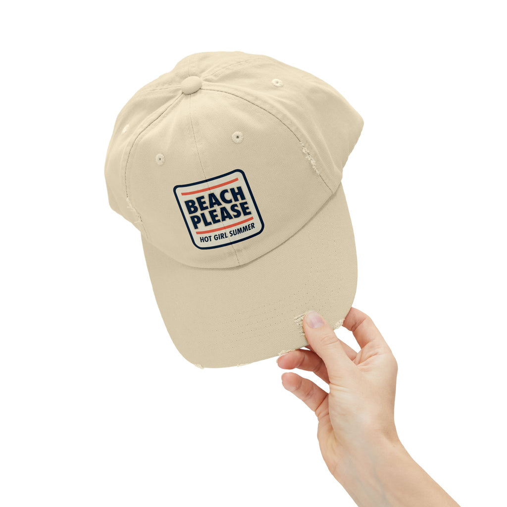 Beach Please Distressed Cap - "Hot Girl Summer" Retro Patch Baseball Hat
