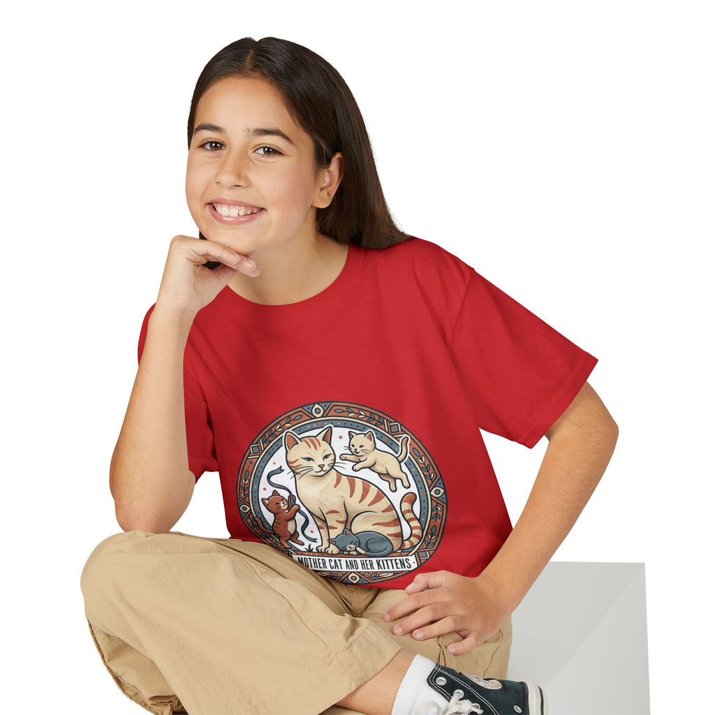 Kids' Cat Mom & Kittens Youth T-Shirt — Cute Mother Cat Illustration