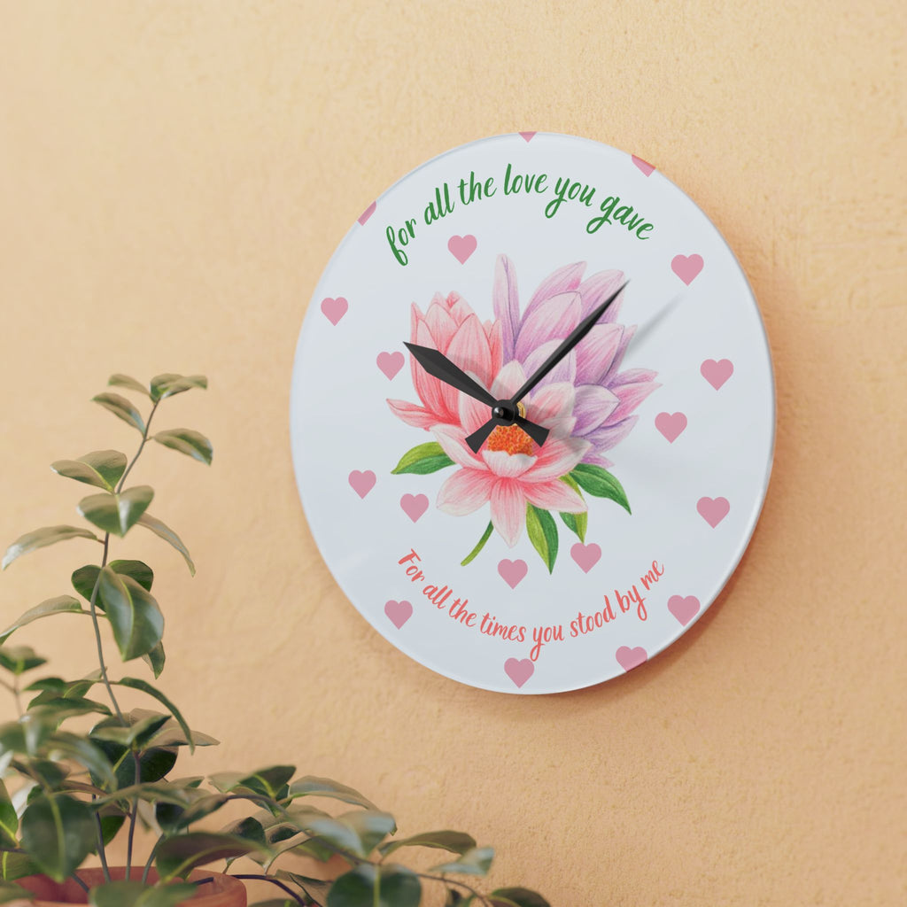 Acrylic Wall Clock — 'For All the Love You Gave' Floral Tribute Clock (Pink Magnolia, Heart Accent)