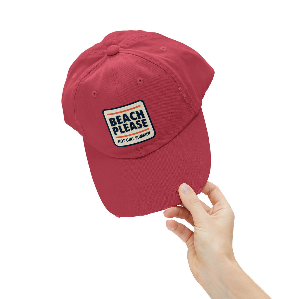 Beach Please Distressed Cap - "Hot Girl Summer" Retro Patch Baseball Hat